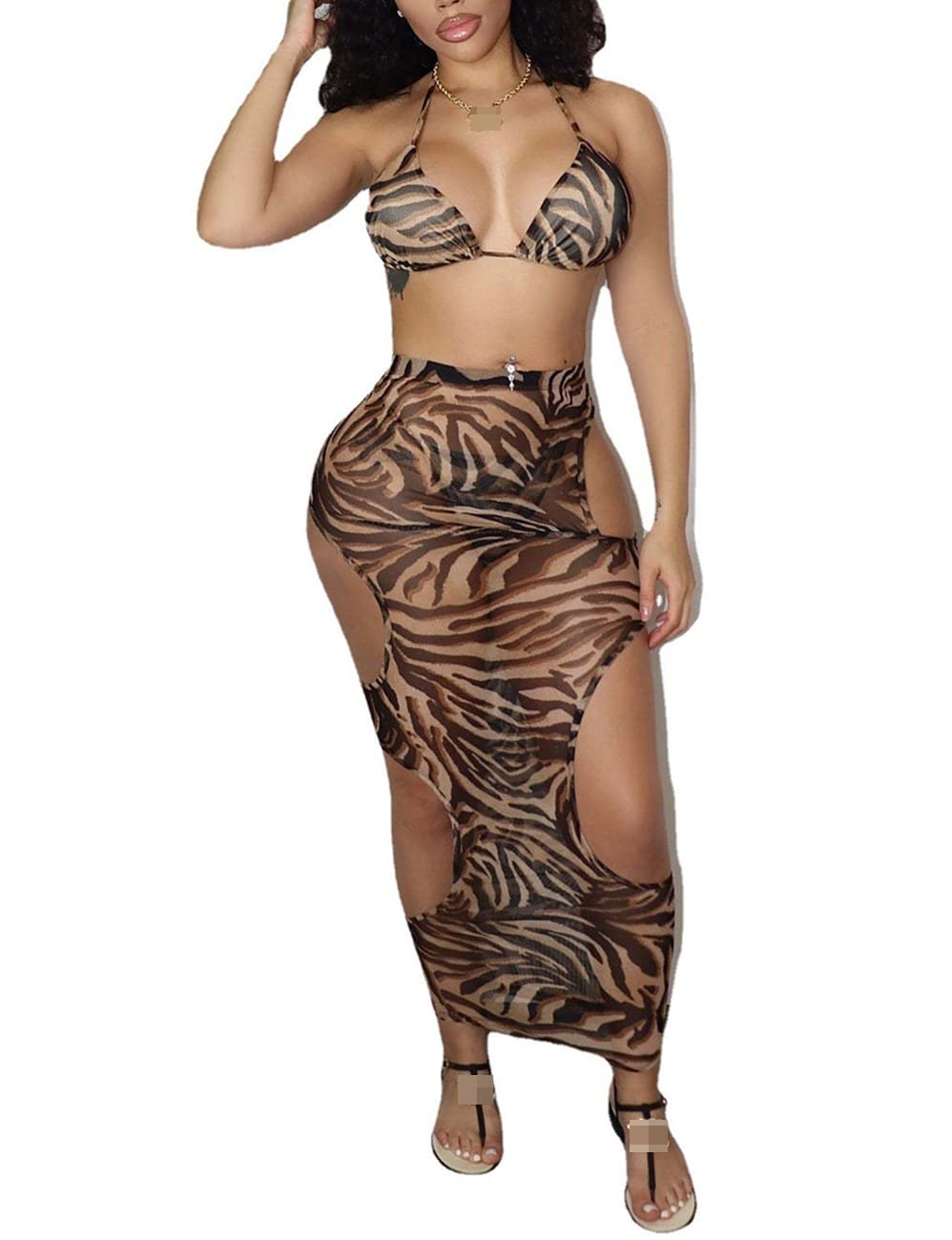 Ophestin Women's Sexy Print Halter Bikini Top & Skirt 3-Piece Swimsuit Set - Summer Beach Vacation, Pool Party, Tropical Getaway Outfit
