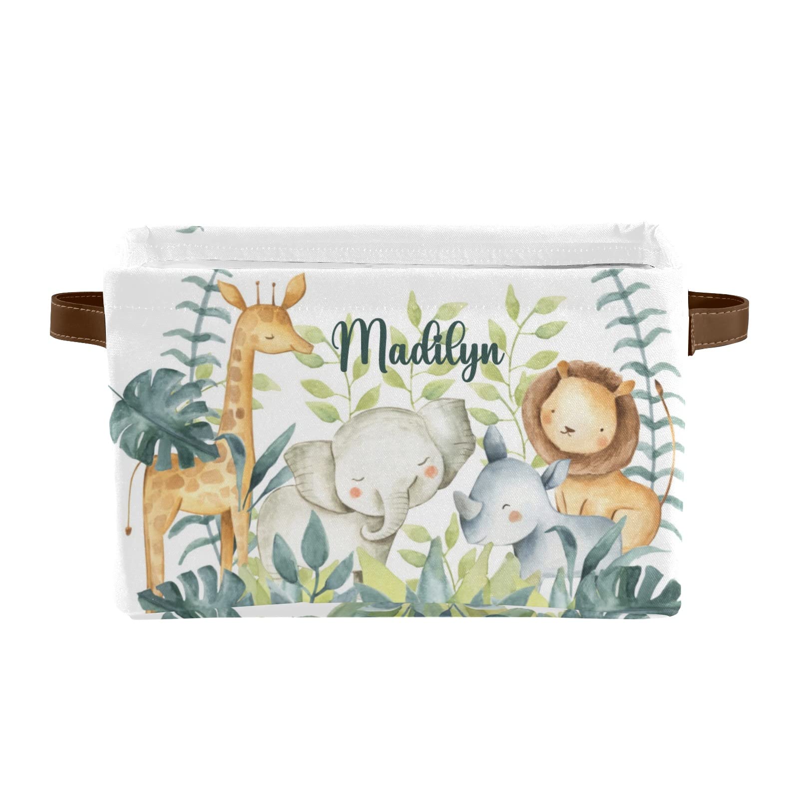 Personalized Large Storage Box with Palm Leaves & Safari Animals Design - 2 Pack Decorative Storage Bins for Toys, Bathroom, Nursery, Home & Kitchen Organization - Perfect for Closet, Shelves and Kids Room Storage Solutions