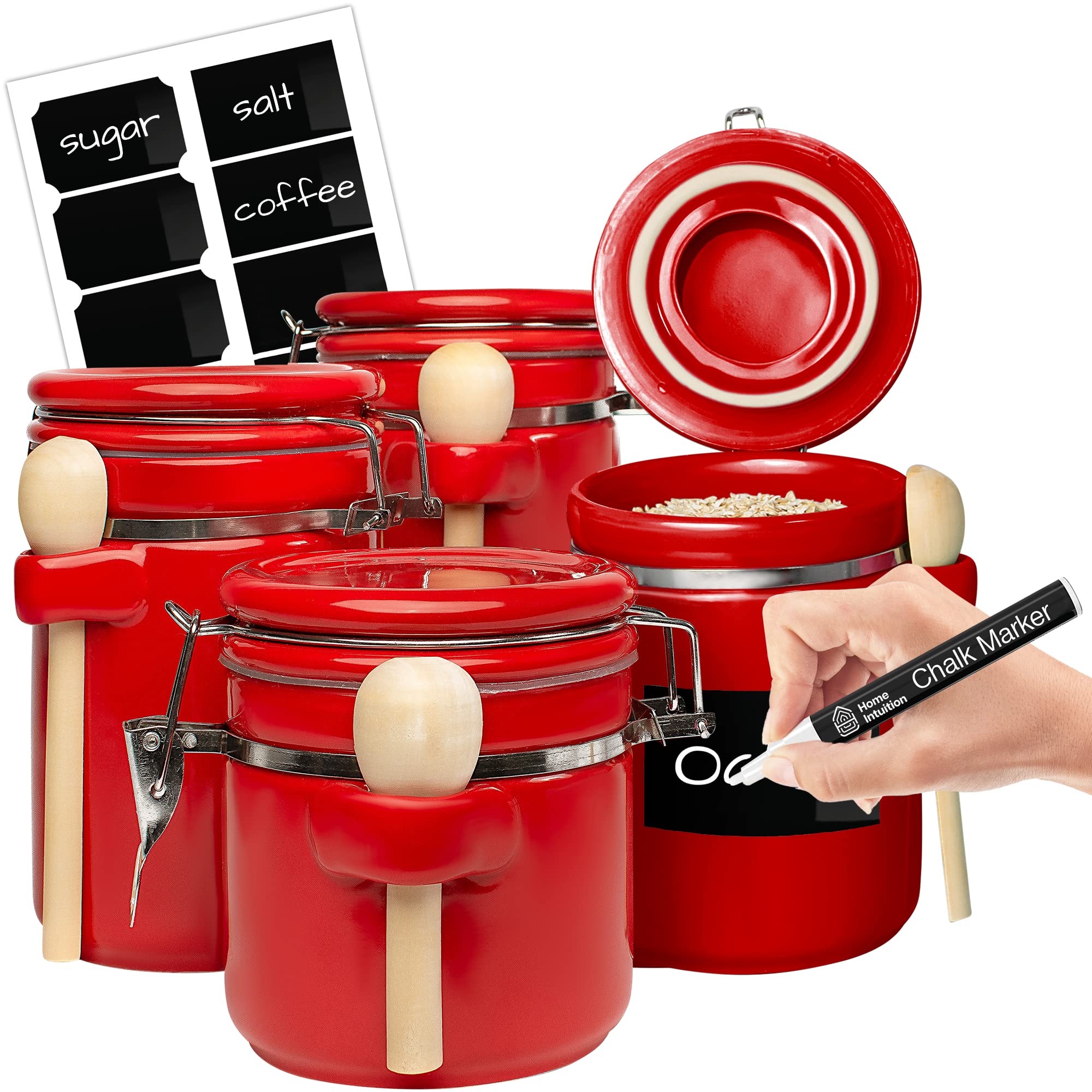 Airtight 4-Piece Ceramic Kitchen Canisters Set with Wooden Spoons - Smell Proof Food Storage Containers for Sugar, Coffee, Flour & Tea - Includes Chalkboard Labels & Marker (Red) - Perfect for Pantry Organization & Countertop Display