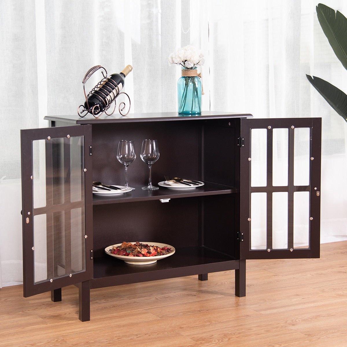 Brown Storage Buffet Cabinet with Glass Doors - Sideboard Console Table for Dining Room, Living Room Display & Storage - Perfect for Showcasing China, Glassware & Home Decor