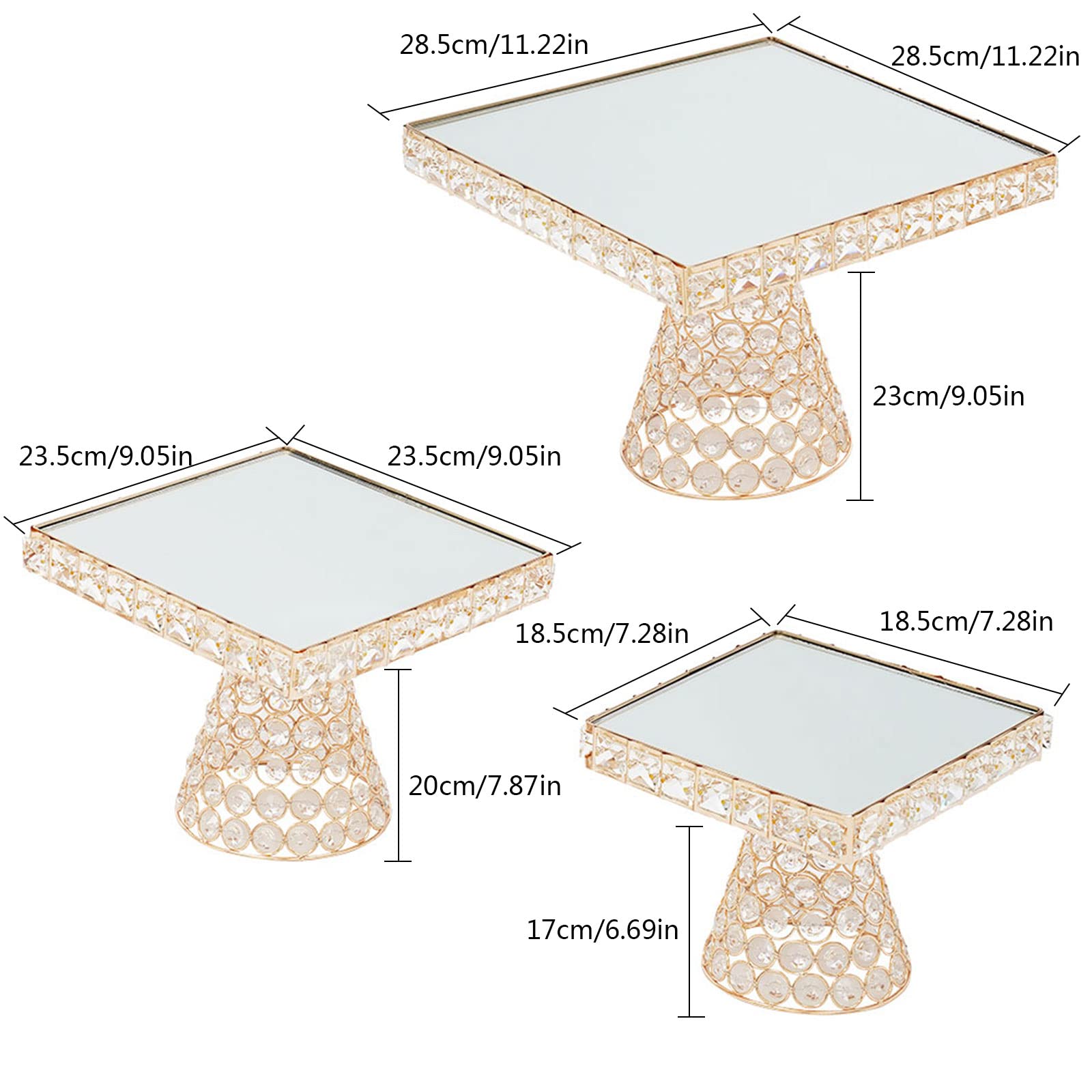 3-Piece Gold Cake Stand Set with Mirror Finish & Crystals - Elegant Cupcake Holders for Dessert Display - Perfect for Birthday, Wedding & Party Decorations (Ideal for Candy Buffets, Tea Parties & Special Events)