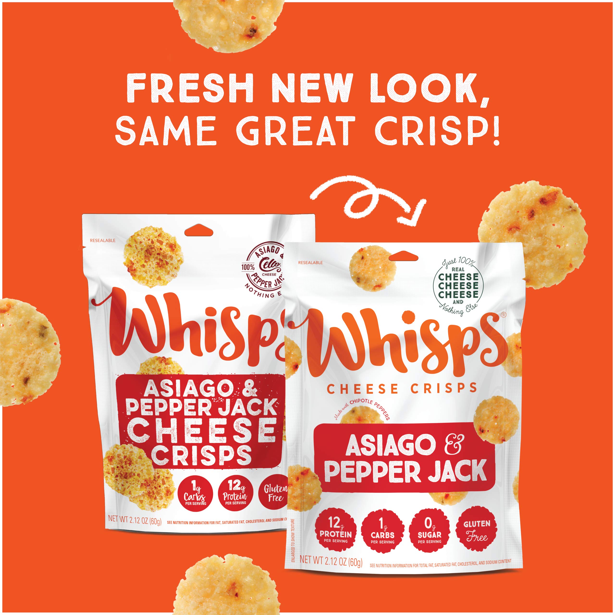 Whisps Asiago & Pepper Jack Cheese Crisps - High Protein, Low Carb, Keto, Gluten Free Snacks - Healthy Protein Chips for Weight Loss & Diet (2.12 Oz, 4 Pack) - Perfect for Office Snacks, School Lunch, and On-the-Go Keto Diet