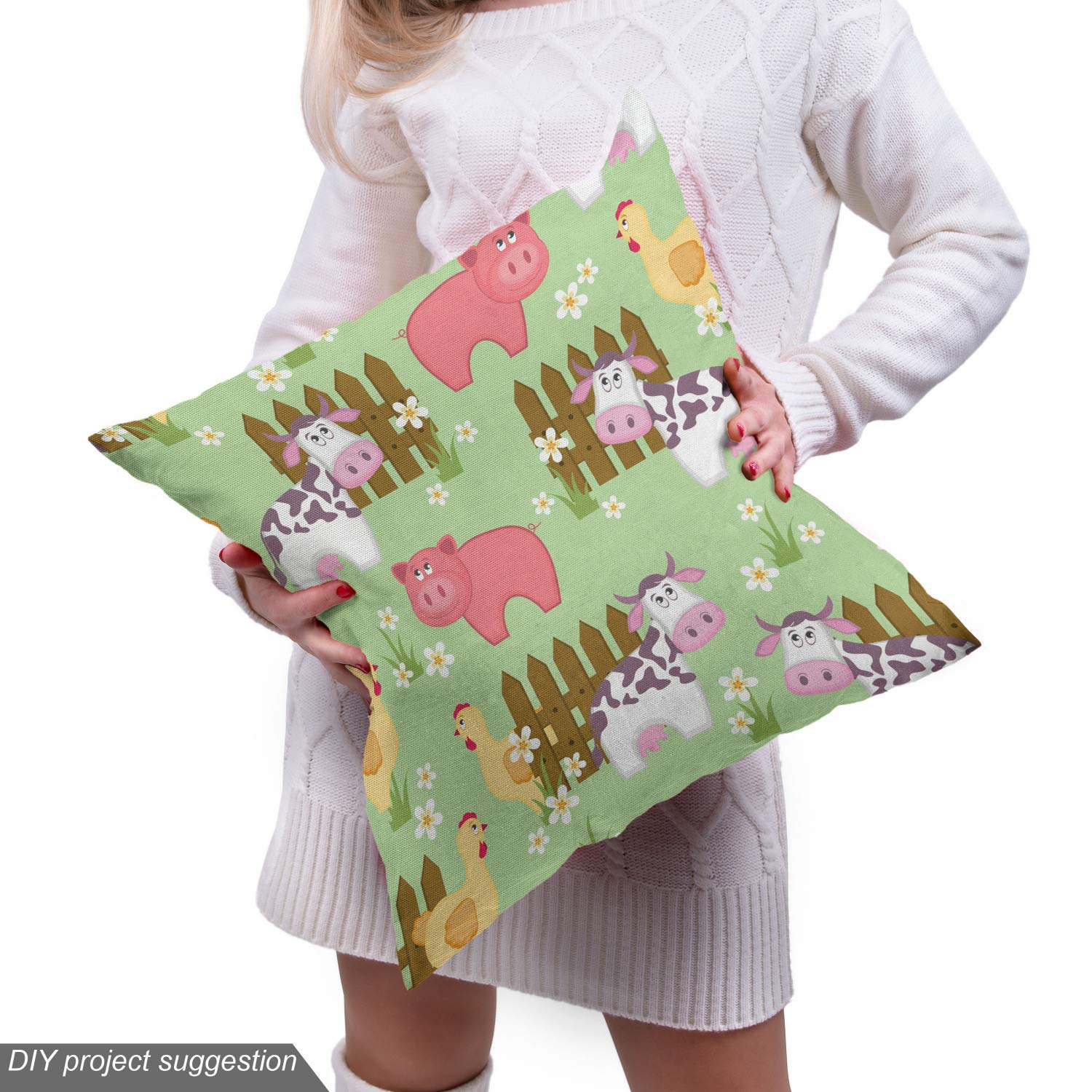 Lunarable Farmhouse Fabric by The Yard - Country Style Cartoon Animal Print with Cow, Pig & Chicken Design for Upholstery, Home Decor | 10 Yards Green & Pink Fabric for DIY Projects, Curtains, Pillows & Quilting
