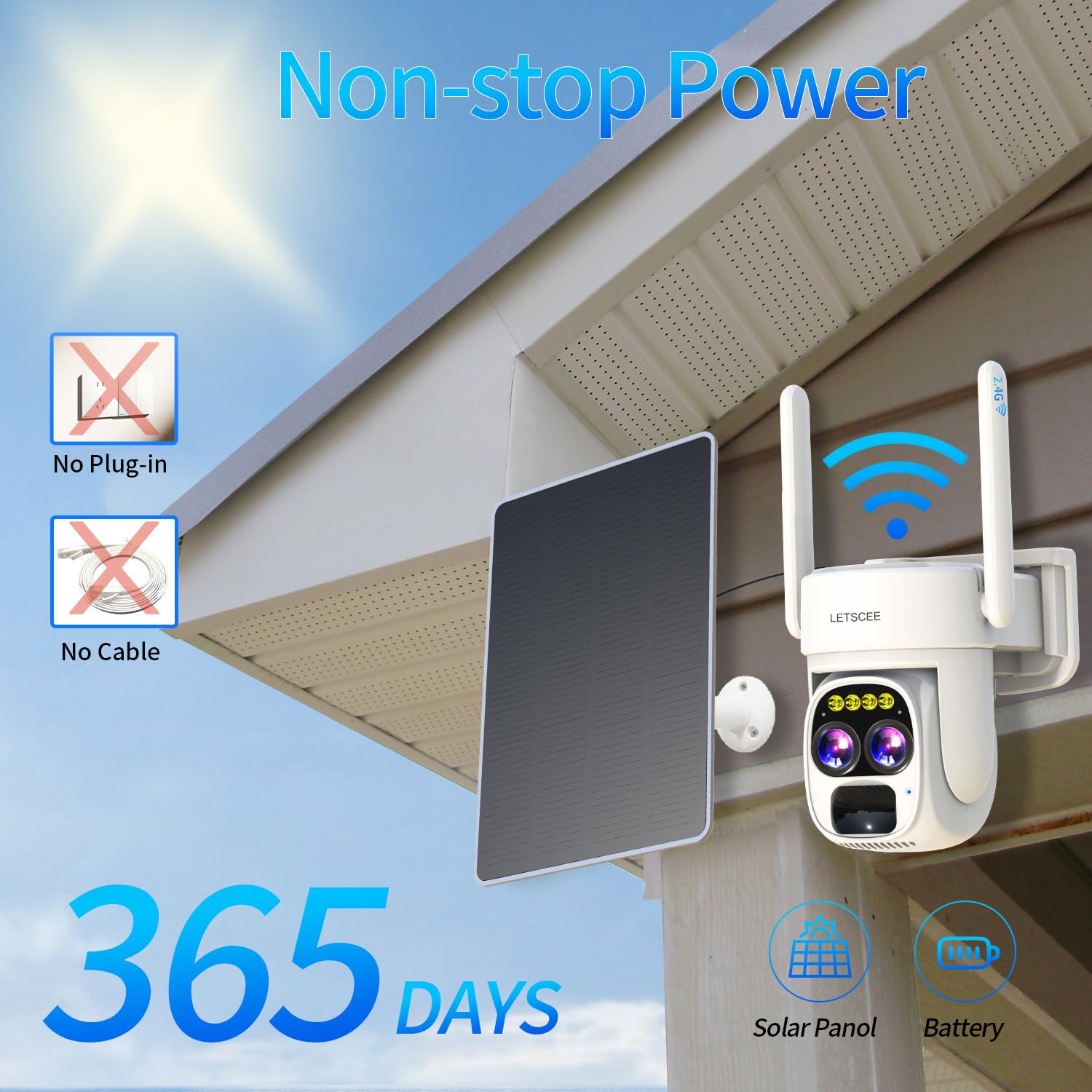 Wireless Outdoor Solar Security Camera with 360° PTZ, 2K HD, Night Vision & Waterproof - Alexa Compatible, Dual Lens 10x Zoom, No Monthly Fee - Ideal for Home Surveillance, Backyard Monitoring & Property Protection