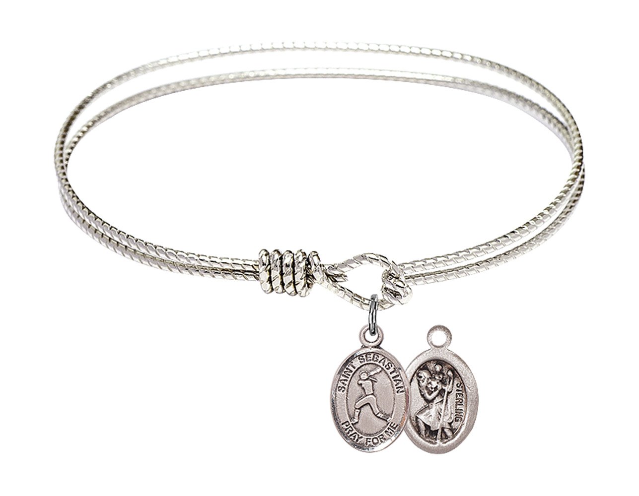 Sterling Silver Oval Eye Hook Bangle Bracelet with St. Sebastian & Softball Charm - Perfect for Sports Fans, Religious Jewelry Gifts & Everyday Wear