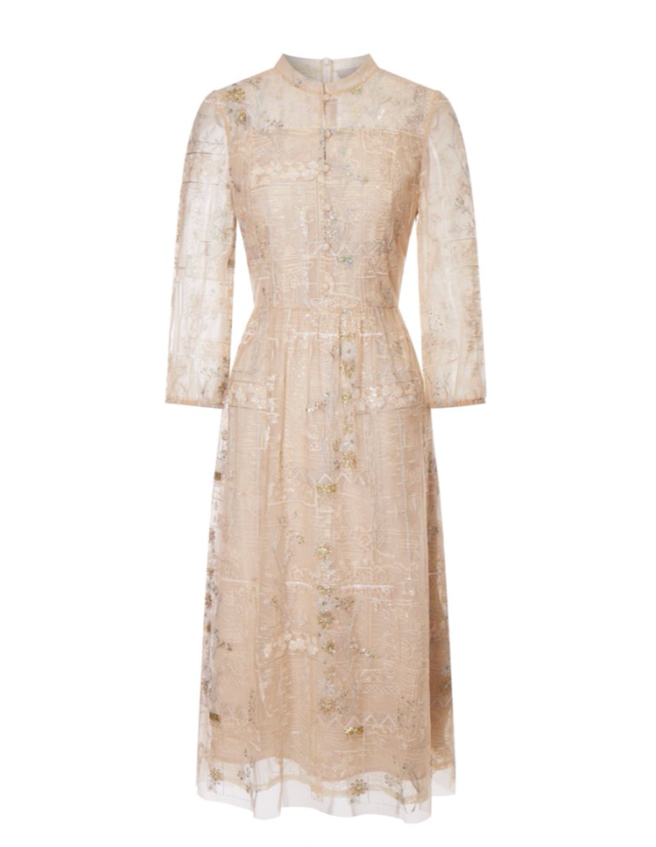Elegant Pink Embroidered Mesh Party Dress for Women - Perfect for Weddings, Evening Events & Special Occasions