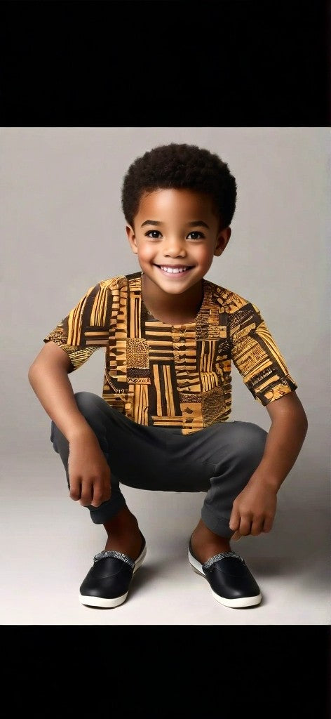 African Kente Dashiki Shirt for Men, Women & Kids | Unisex Black & Gold Traditional Print | Esiama Style DPC4091M | Perfect for Cultural Events, Weddings & Family Gatherings