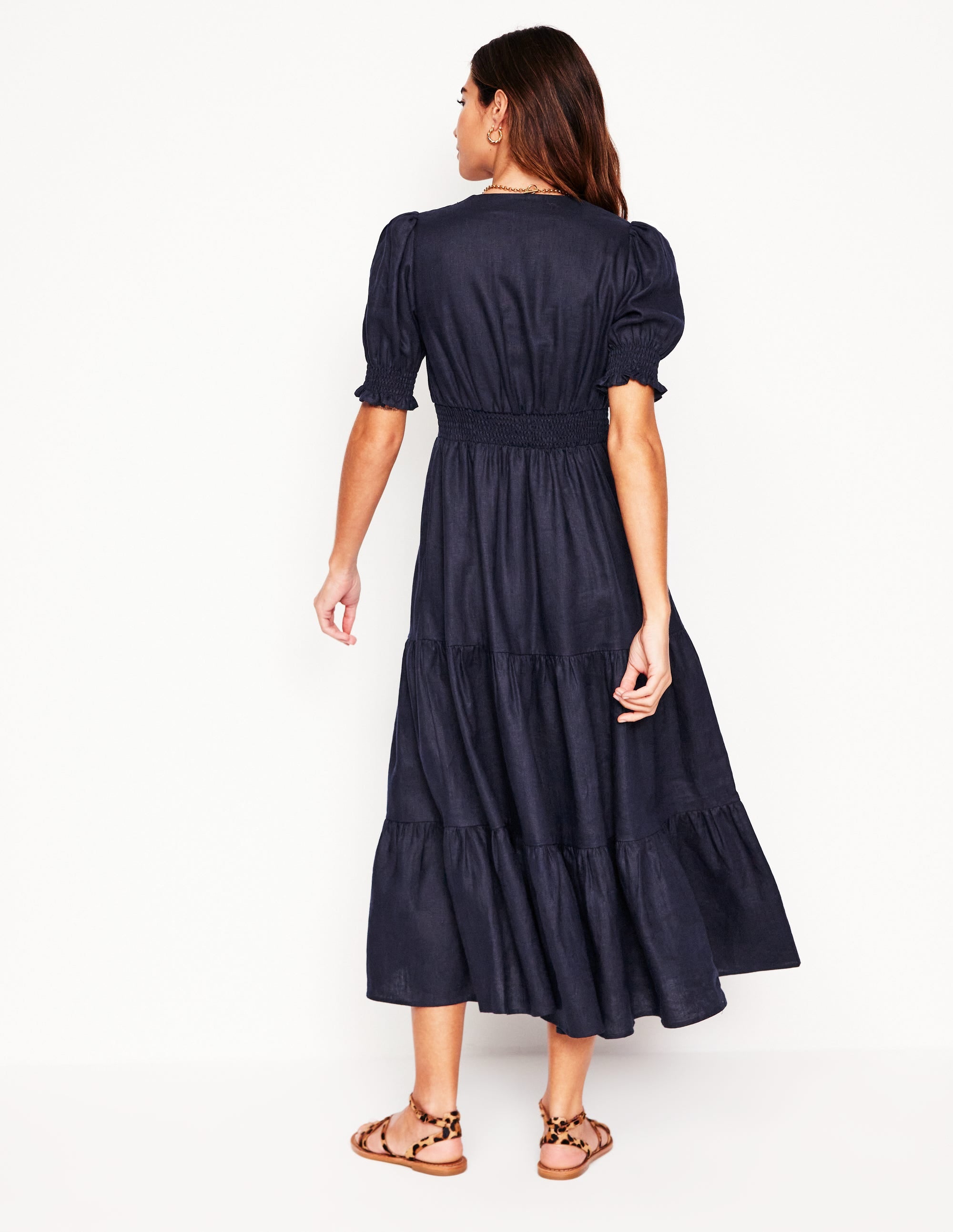 Anna Linen Tiered Midi Dress Navy - Flowy Summer Dress for Women, Beach Vacation & Casual Outings