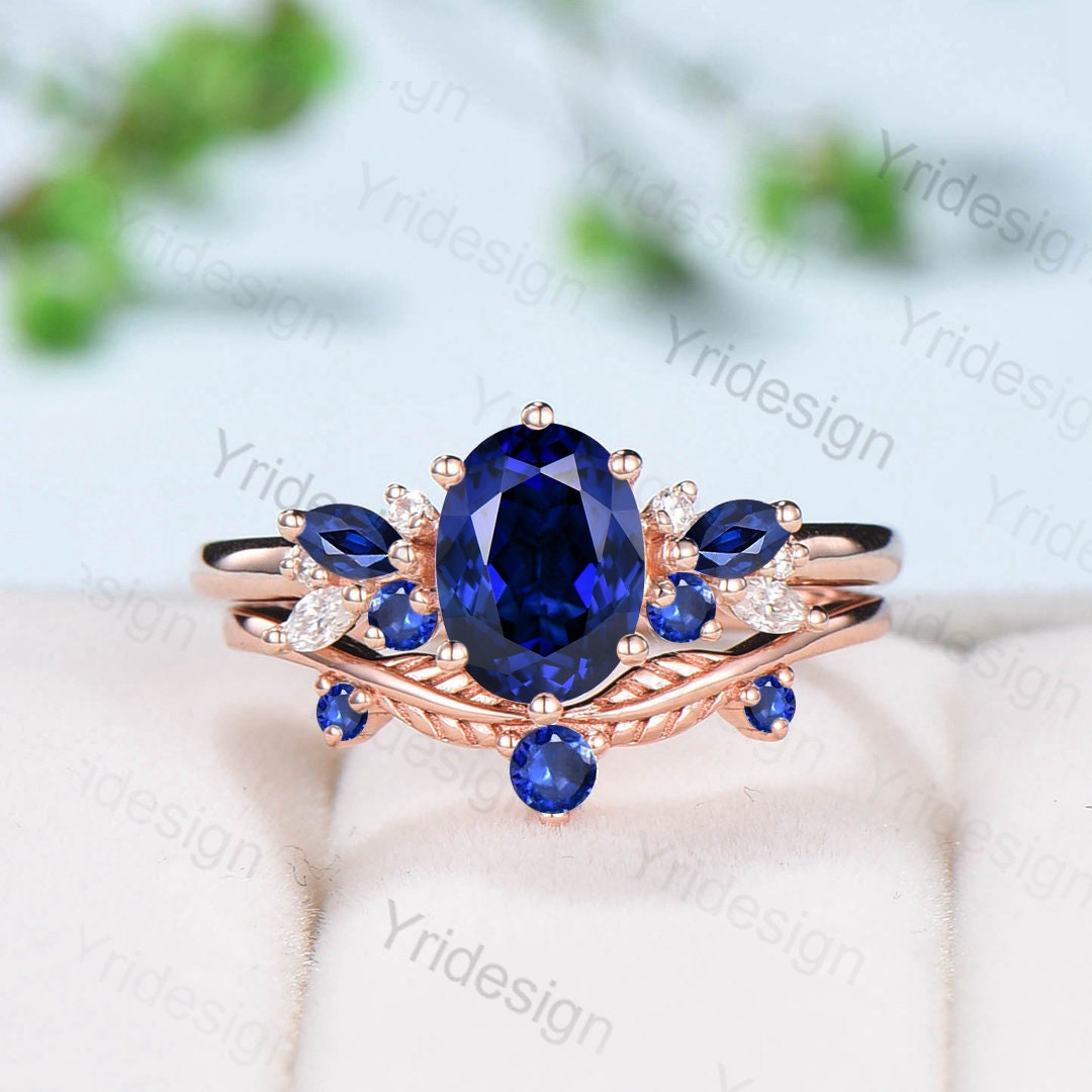 Oval Sapphire Wedding Ring Set in Rose Gold - Unique Vintage Stacking Engagement Ring with Natural Sapphire - Perfect Proposal Gift for Women - Ideal for Weddings, Anniversaries & Romantic Occasions
