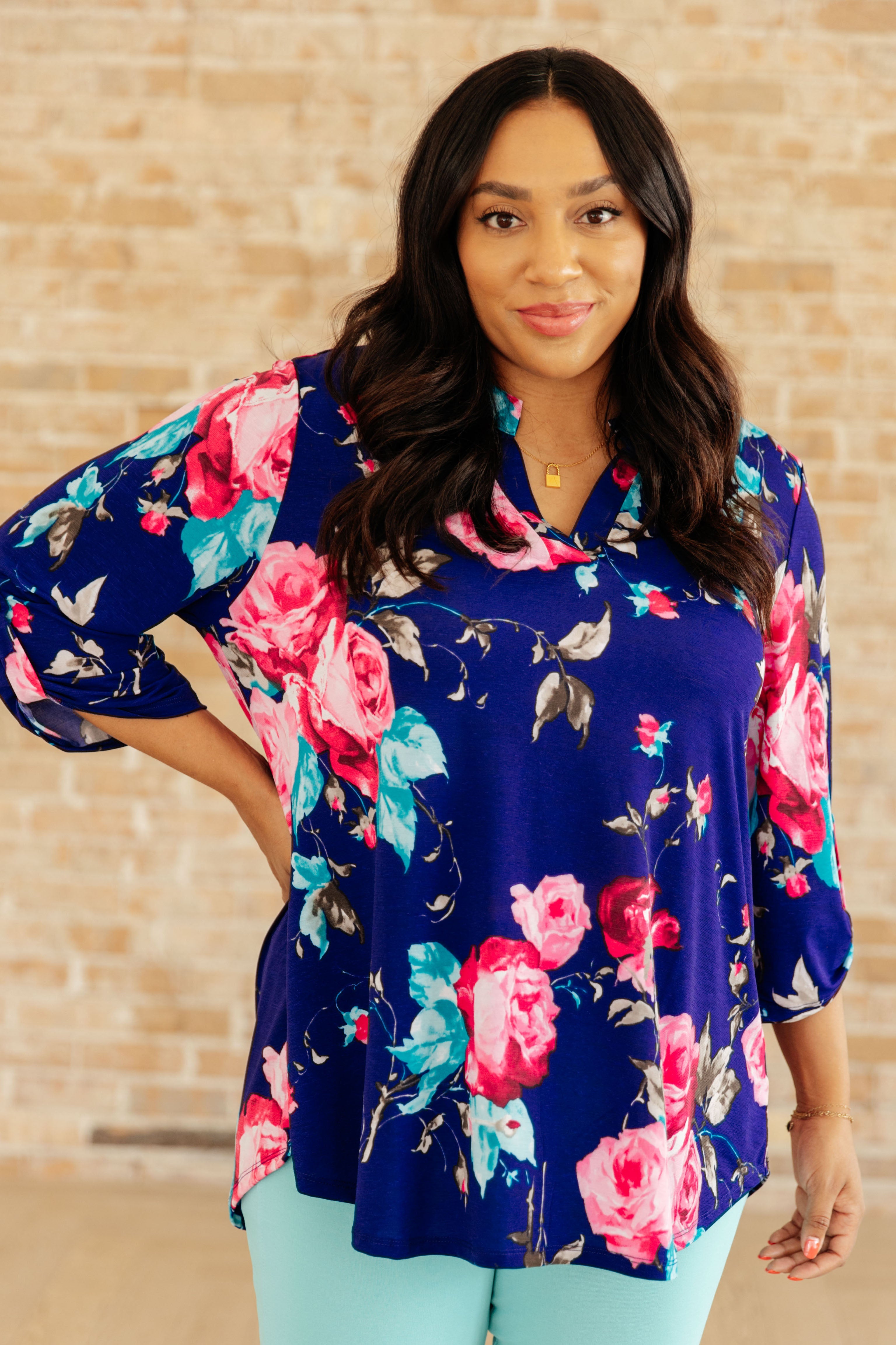 Lizzy Top in Royal Floral Print - Women's Elegant Blouse for Work, Date Night & Special Occasions | Fashionable Floral Tops for Spring & Summer