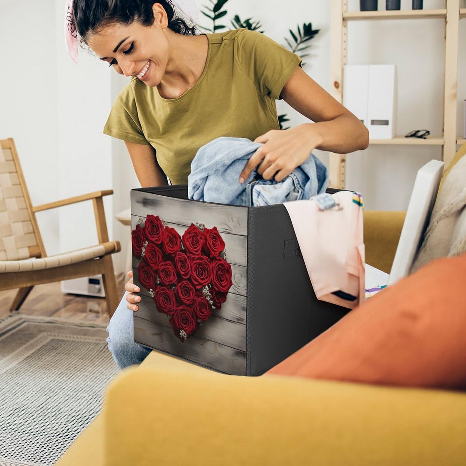 Red Heart-Shaped Roses Canvas Foldable Storage Box - Home & Clothing Organizer for Bedroom, Closet, Nursery, and Office Organization