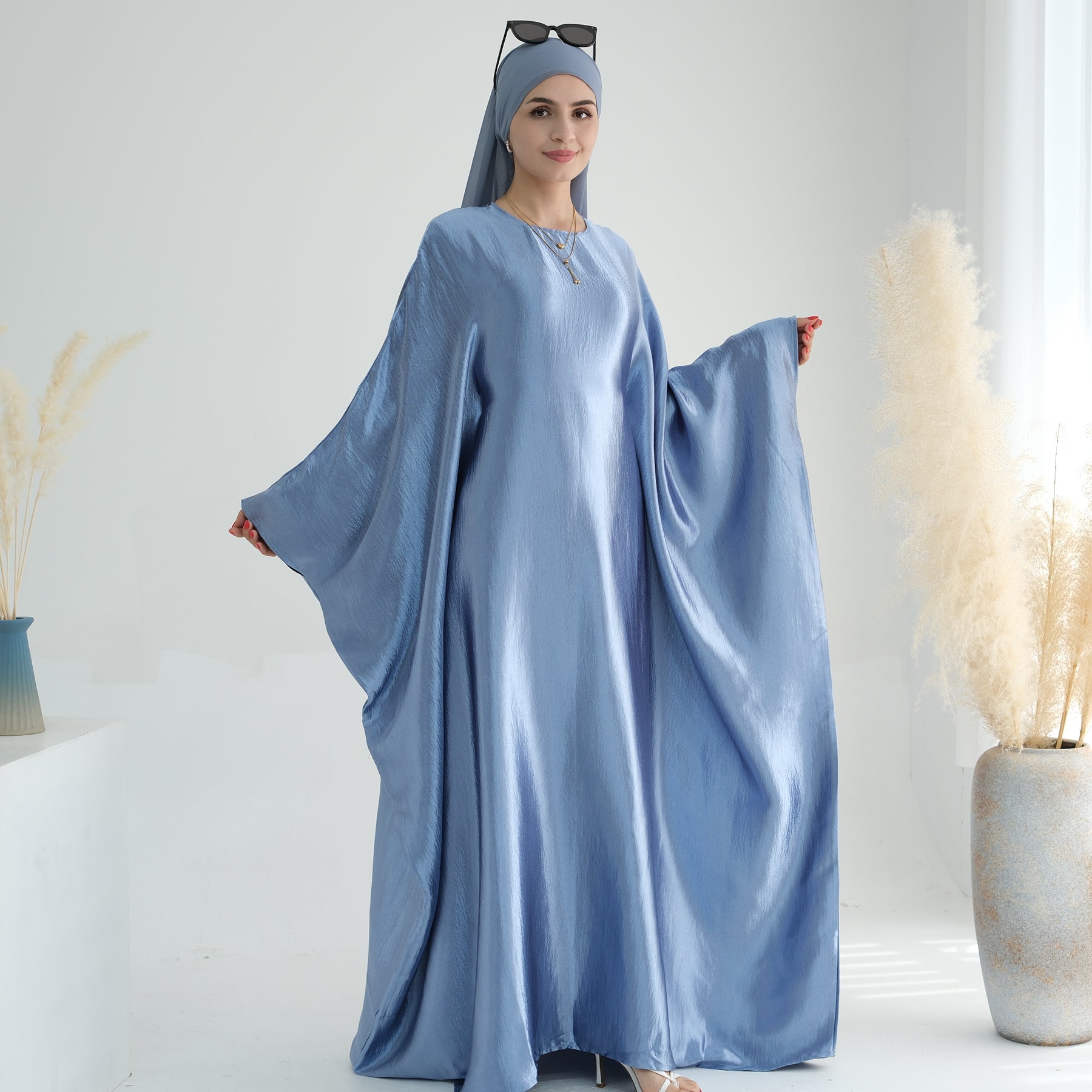 Elegant Blue Butterfly Satin Abaya Dress for Women - Modest Islamic Prayer Dress & Special Occasion Wear