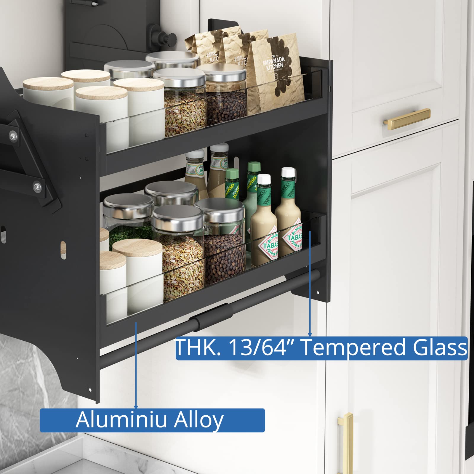 Pull Down Spice Rack Organizer for Upper Kitchen Cabinets - 24 Inch Adjustable Storage Shelf for Spices, Jars & Cooking Essentials - Perfect for Small Kitchens & Pantry Organization