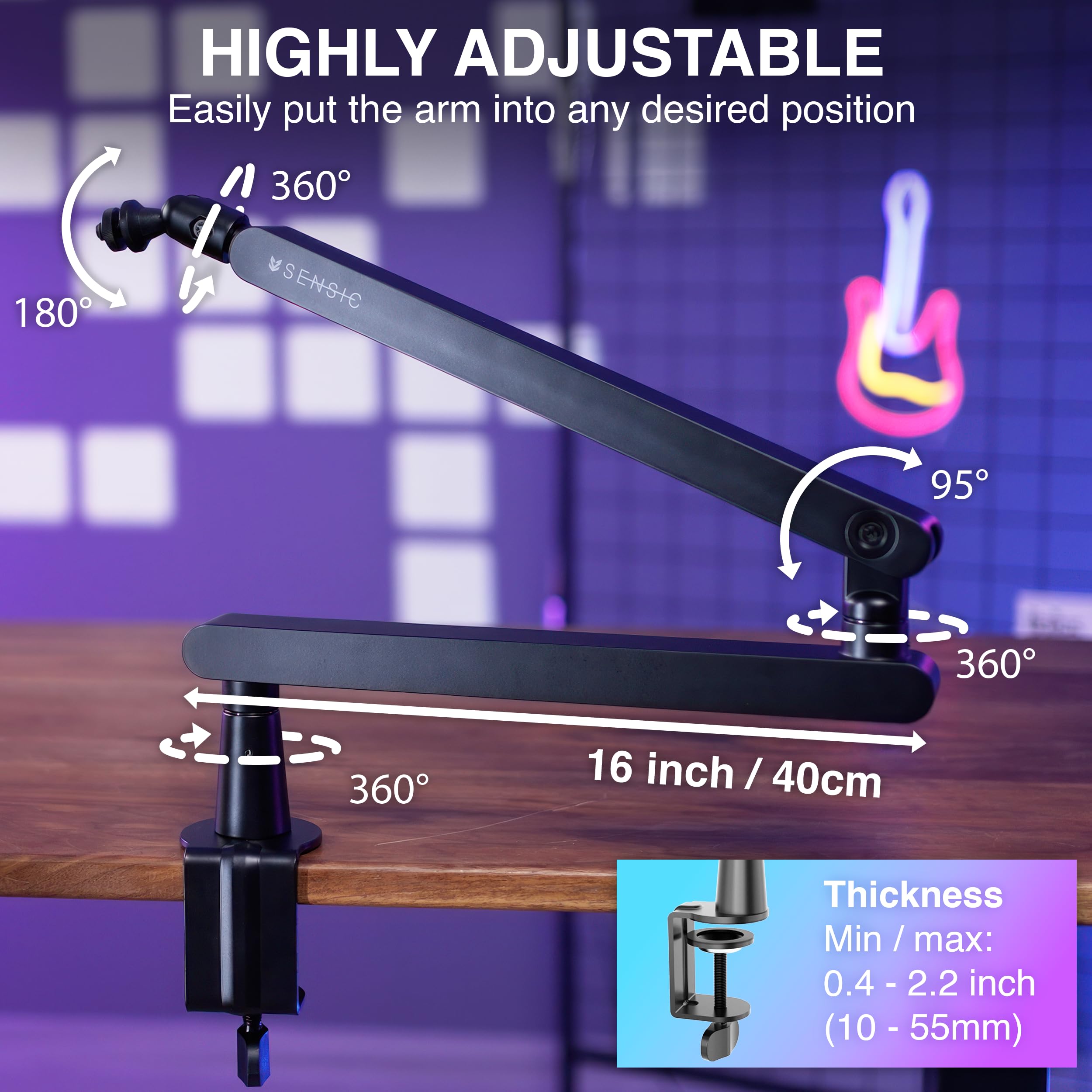 Professional SA-30 LP Low Profile Microphone Boom Arm - 360° Rotatable Mic Stand with Cable Management for Streaming, Podcasting & Gaming (Black) | Perfect for Home Studios & Content Creators