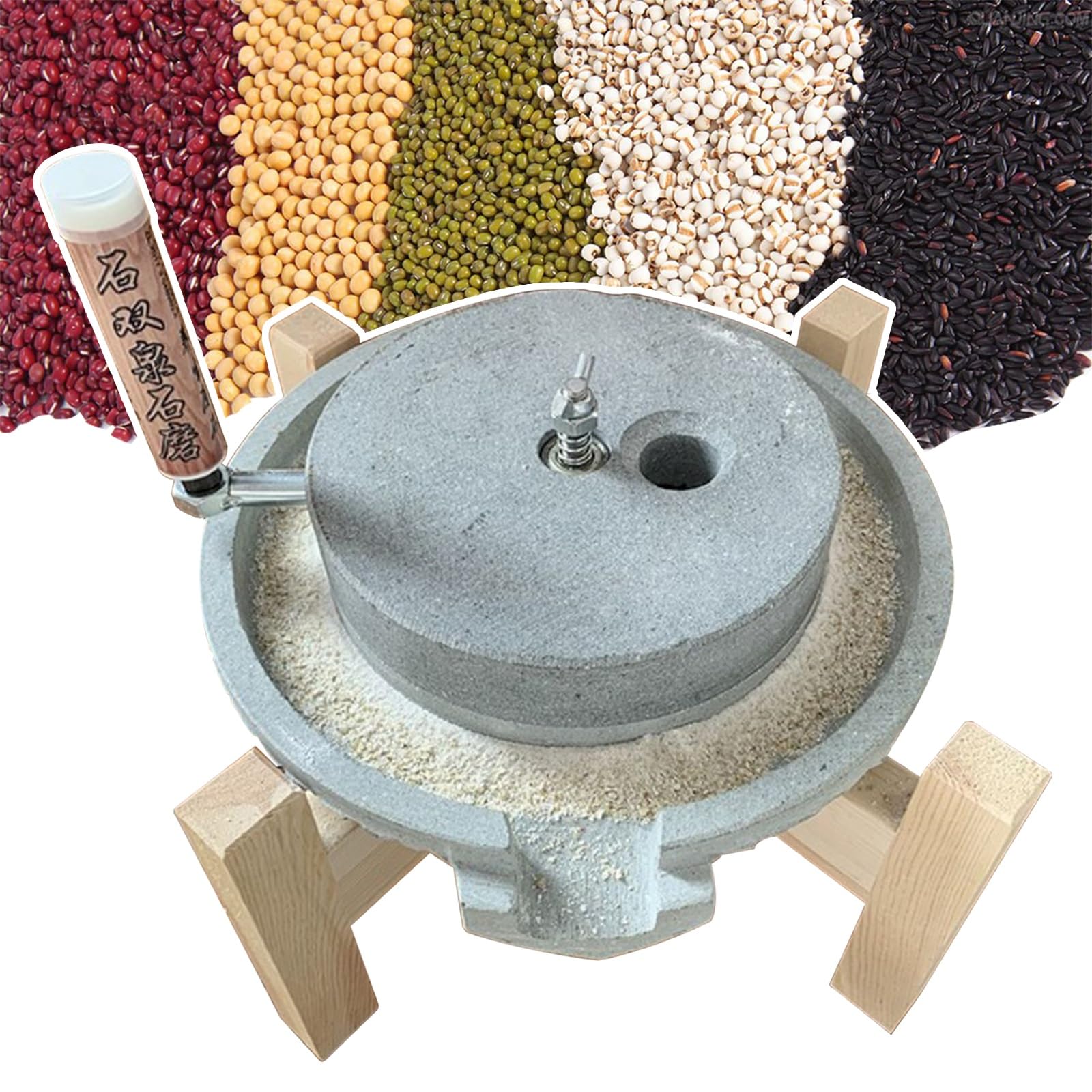Premium Hand Grain Mill Grinder - Manual Stone Flour Mill for Wheat, Corn, Soybean & Spices | Wooden Frame Bluestone Grinder for Dry/Wet Milling | Perfect for Home Baking, Camping & Emergency Food Prep