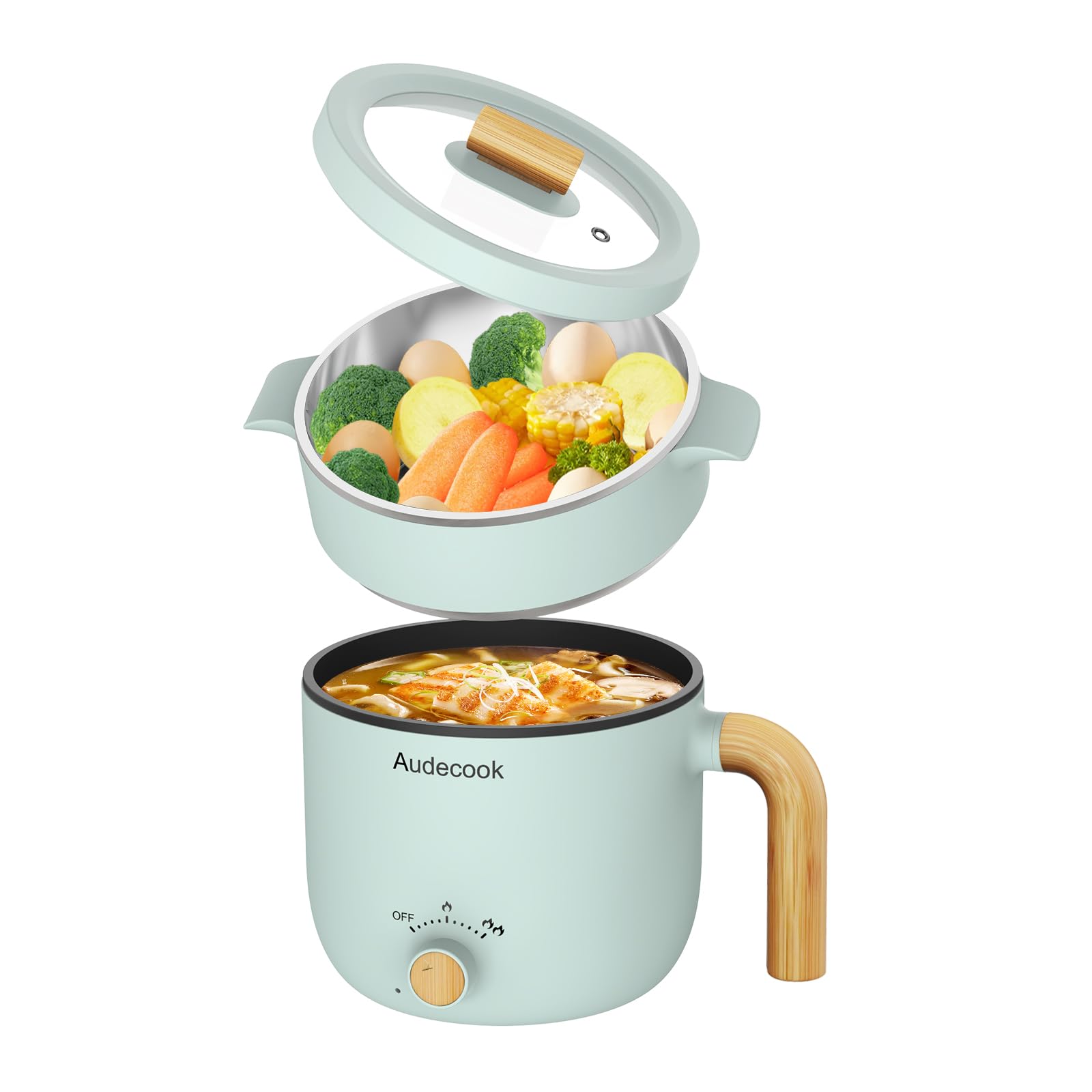 **Audecook 1.5L Electric Hot Pot with Steamer - Portable Nonstick Mini Multicooker for Pasta, Soup, Steak, Eggs & Oatmeal - Dual Power Control Travel Skillet (Green) - Perfect for Dorms, Travel & Small Kitchens**