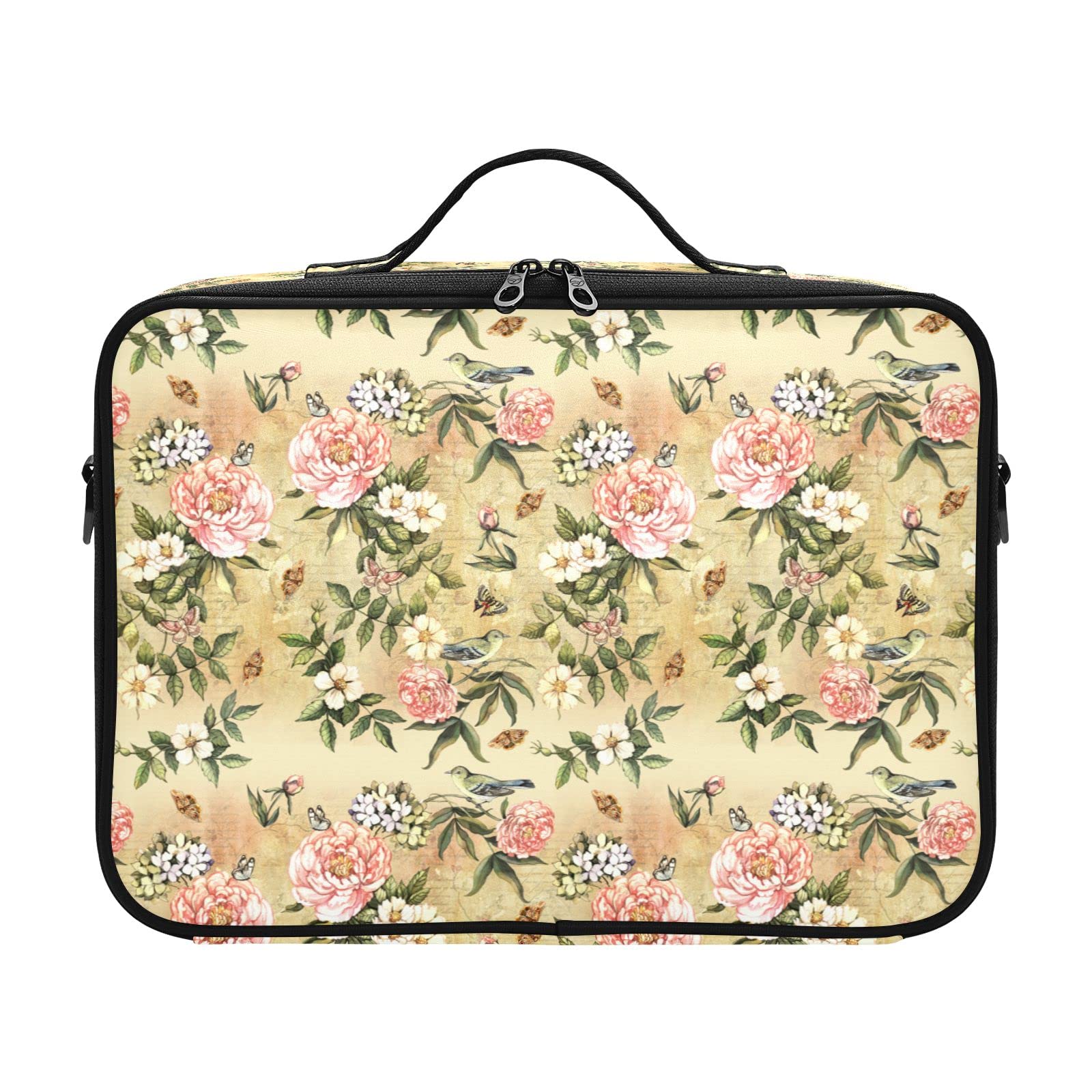 Vintage Bird Flowers Makeup Bag for Women - Travel Cosmetic Organizer for Artists & Professionals