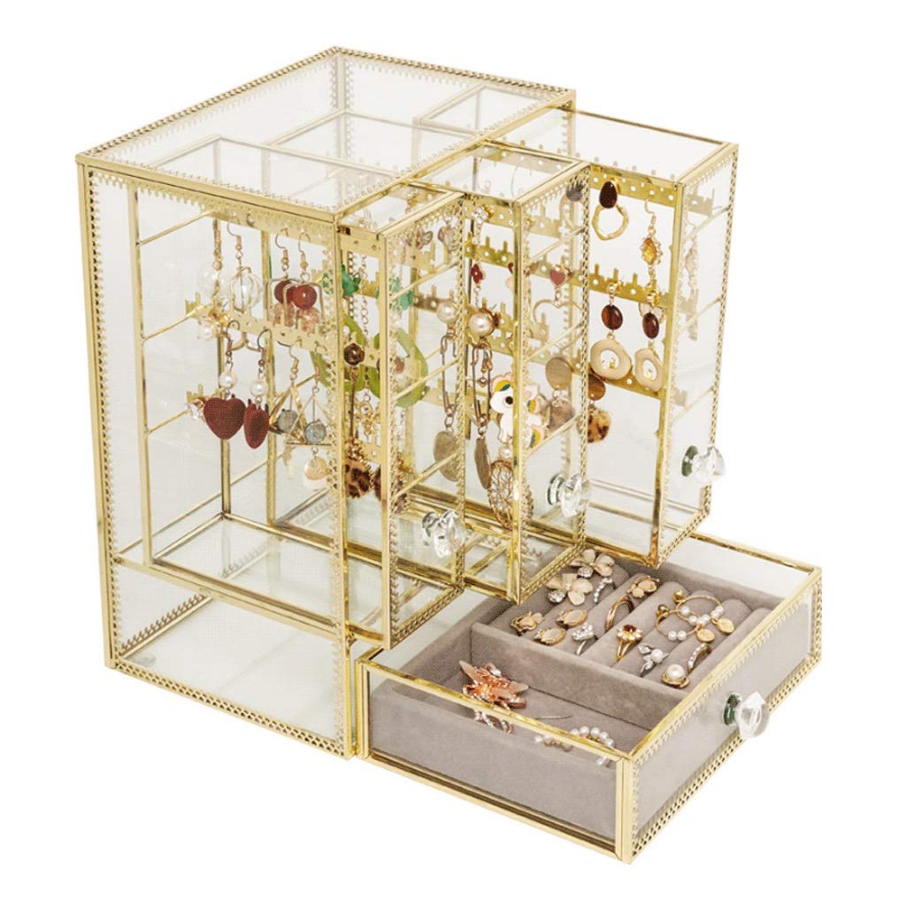 ZANZAN Glass Jewelry Organizer Box with Flannel Lined Drawer & Earring Display Stand - Clear Jewelry Storage Case for Earrings, Necklaces, Rings - Perfect for Bedroom Vanity, Travel & Gift Giving
