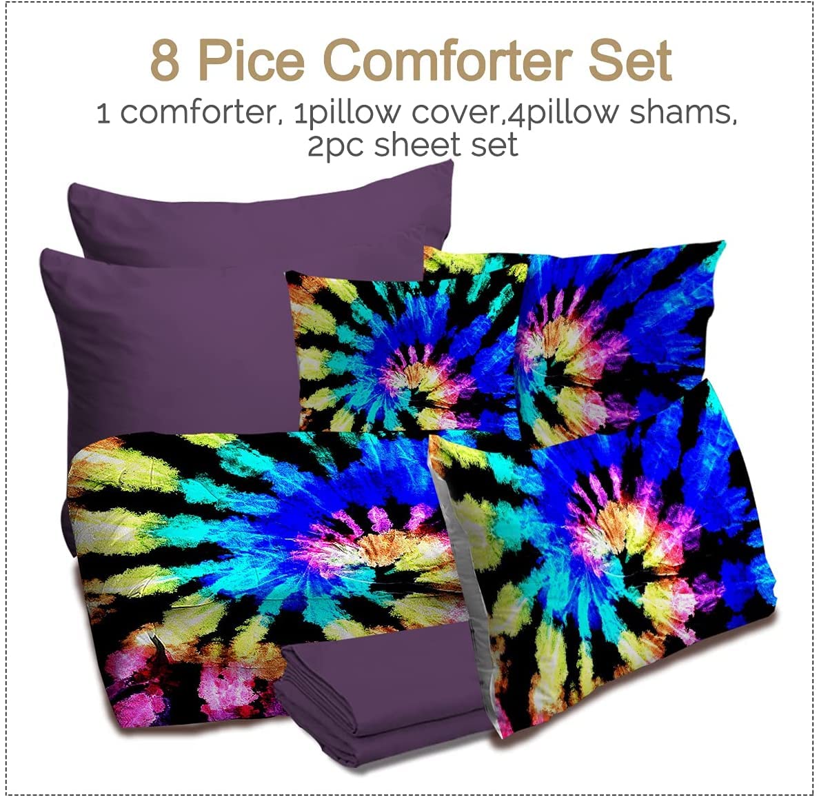 BlessLiving Bohemian Queen Size Tie Dye Comforter Set - 8 Piece Reversible Blue & Purple Bedding (Comforter, Pillowcases, Shams, Sheets) for Bedroom Decor & Guest Room Styling