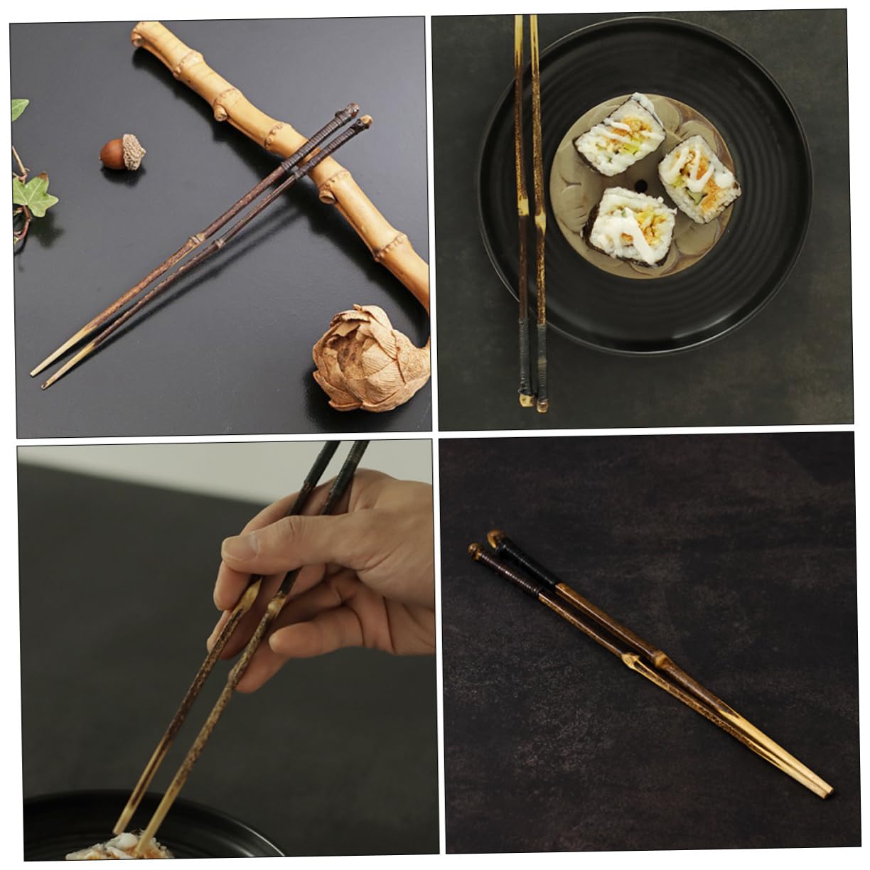Hemoton Reusable Bamboo Chopsticks with Glass Dish Set - 1 Pair Japanese Style Vintage Sushi Chopsticks for Asian Dining, Home Kitchen & Restaurant Use