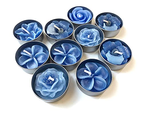 Sunne Tropical Flower Tealight Candles - 10 Pack Blue Assorted Floral Tea Lights for Birthday Parties, Weddings, Baby Showers - Perfect for Romantic Dinners, Spa Nights & Home Decor