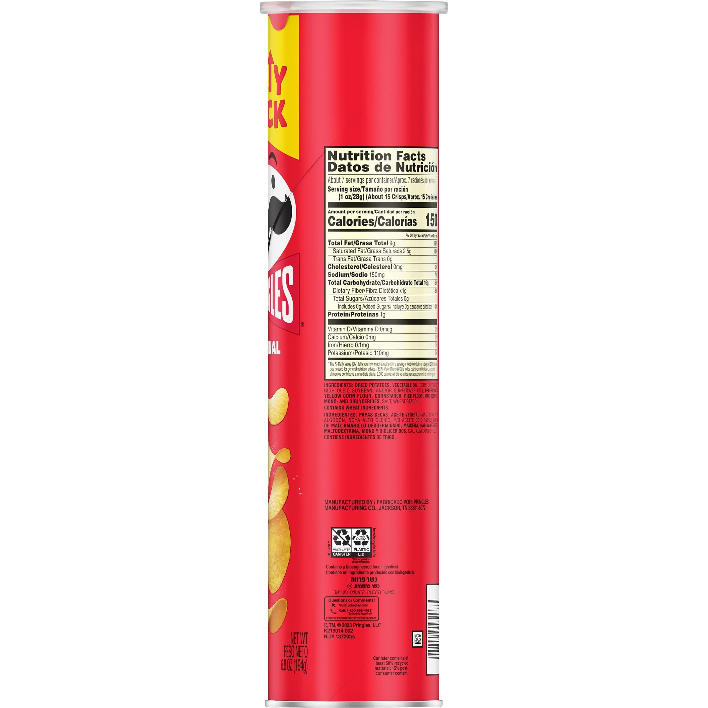 Pringles Original Potato Crisps Chips - 6.8oz Can (Pack of 1) | Crunchy Snacks for Lunch, Travel & Parties | Perfect On-the-Go Snack for Work, School & Social Gatherings