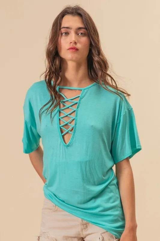 BiBi Jersey Knit Top with Criss Cross Front Neck Detail - Women's Casual V-Neck T-Shirt | Soft Stretch Fabric for Everyday Wear | Perfect for Work, Date Night & Weekend Outfits