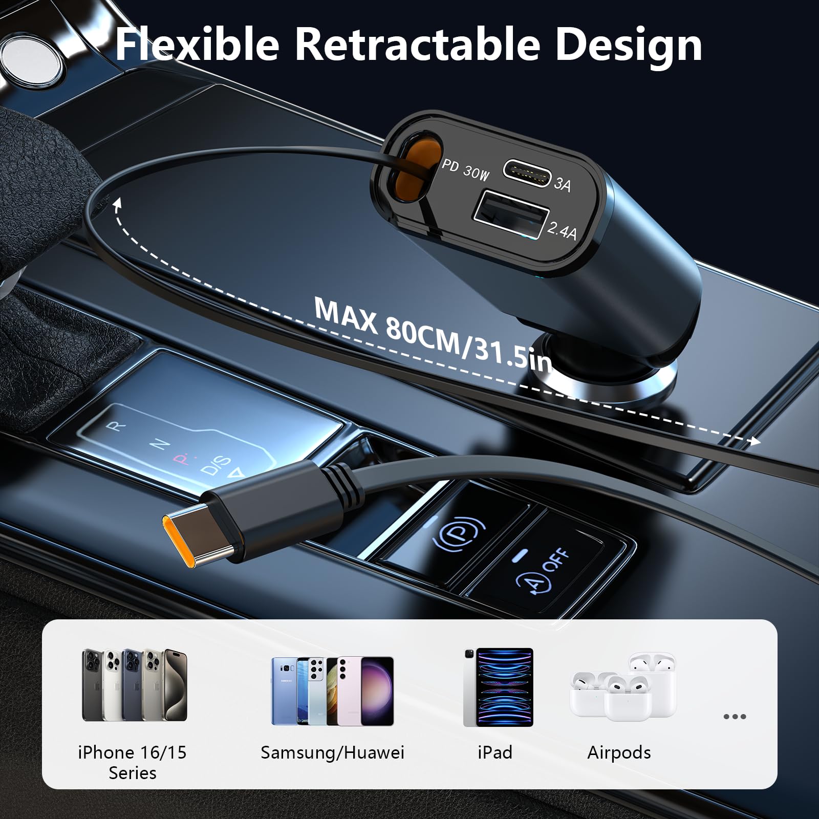 Rocketek 30W PD USB C Car Charger with Retractable Cable - 3-in-1 Fast Charging for iPhone 16/15/14, MacBook Pro/Air, iPad, Galaxy, AirPods - Perfect for Road Trips & Daily Commutes