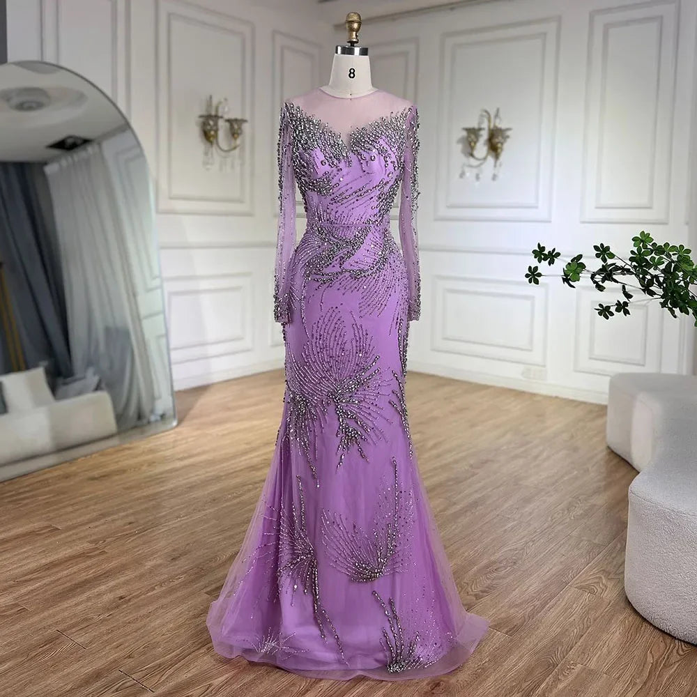 Elegant Purple Mermaid Evening Gown with Beaded Skirt & Lace-Up Detail - Women's Formal Dress for Wedding, Prom, Party & Special Occasions | LA72376