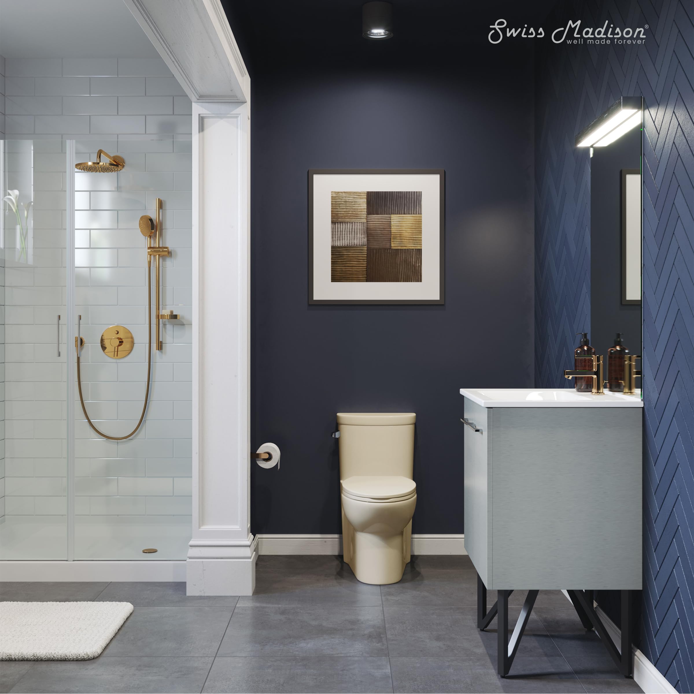 Swiss Madison SM-1T206BQ Sublime One-Piece Elongated Toilet with Left-Side Flush Handle | 1.28 GPF Water-Saving Design in Bisque Color | Perfect for Modern Bathrooms, Small Spaces & Eco-Friendly Homes