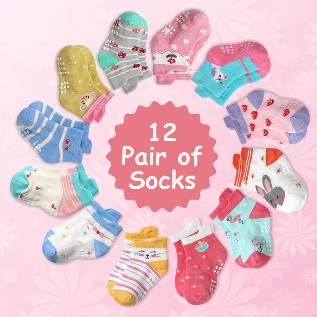 Non-Slip Cotton Kids Ankle Socks with Grips - 12 Pairs Anti-Skid Toddler Socks for Boys & Girls (1-7 Years) - Perfect for Playtime, School & Indoor Activities