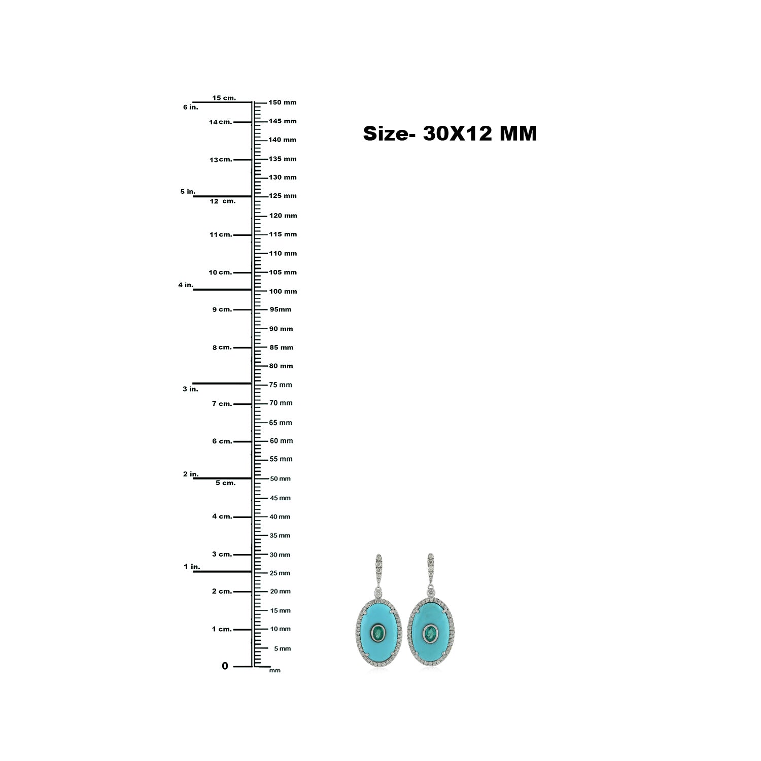 18K White Gold Oval Cut Turquoise Bezel Emerald Pave Diamond Dangle Earrings for Women – Elegant Jewelry Gift for Wedding, Party & Special Occasions