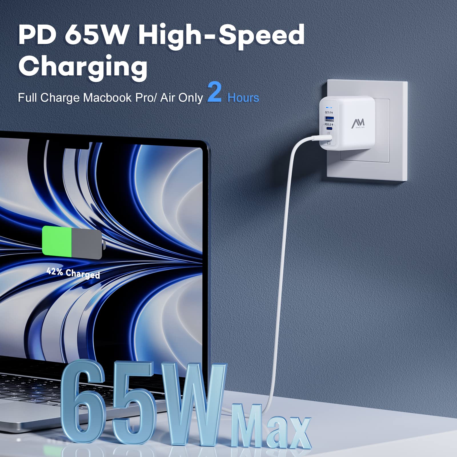 Amlink 65W GaN III USB C Wall Charger - 3-Port Fast PD 3.0 PPS Charging Block with Foldable Plug for MacBook Pro/Air, iPad, iPhone 15/14/13, Galaxy S23/S22 - Compact Travel Charger for Home, Office & Airplane Use