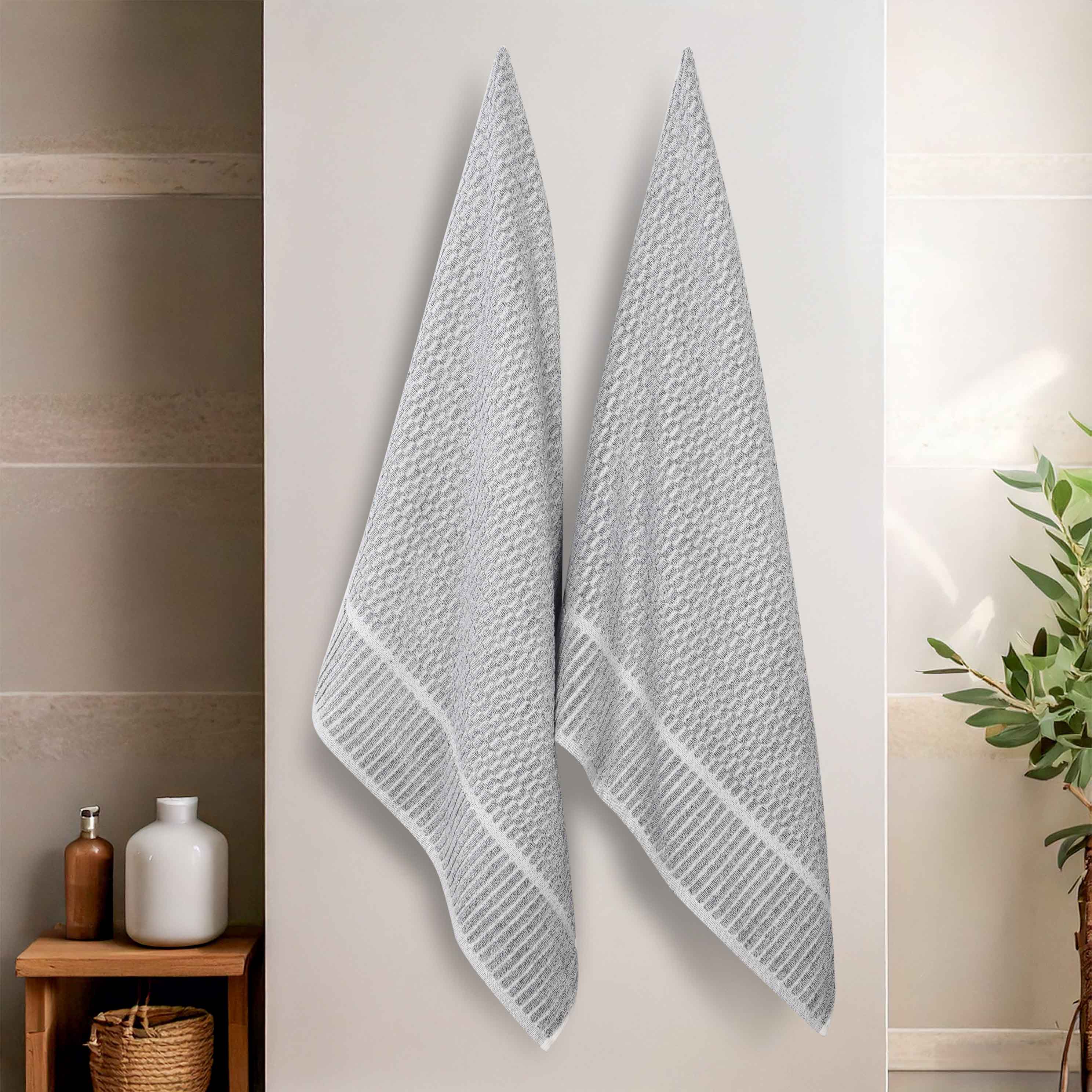 Premium Juno Cotton Blend Medium Weight Checkered Border Bath Towels - Set of 2, Soft & Absorbent for Spa, Bathroom & Beach Use