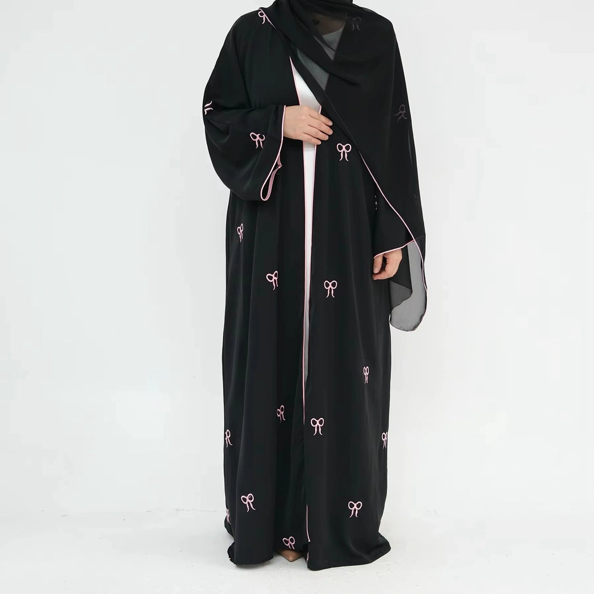 Elegant Bow Embroidery Nida Cardigan Open Abaya Dress #241910 - Perfect for Muslim Women, Prayer, Modest Fashion & Special Occasions