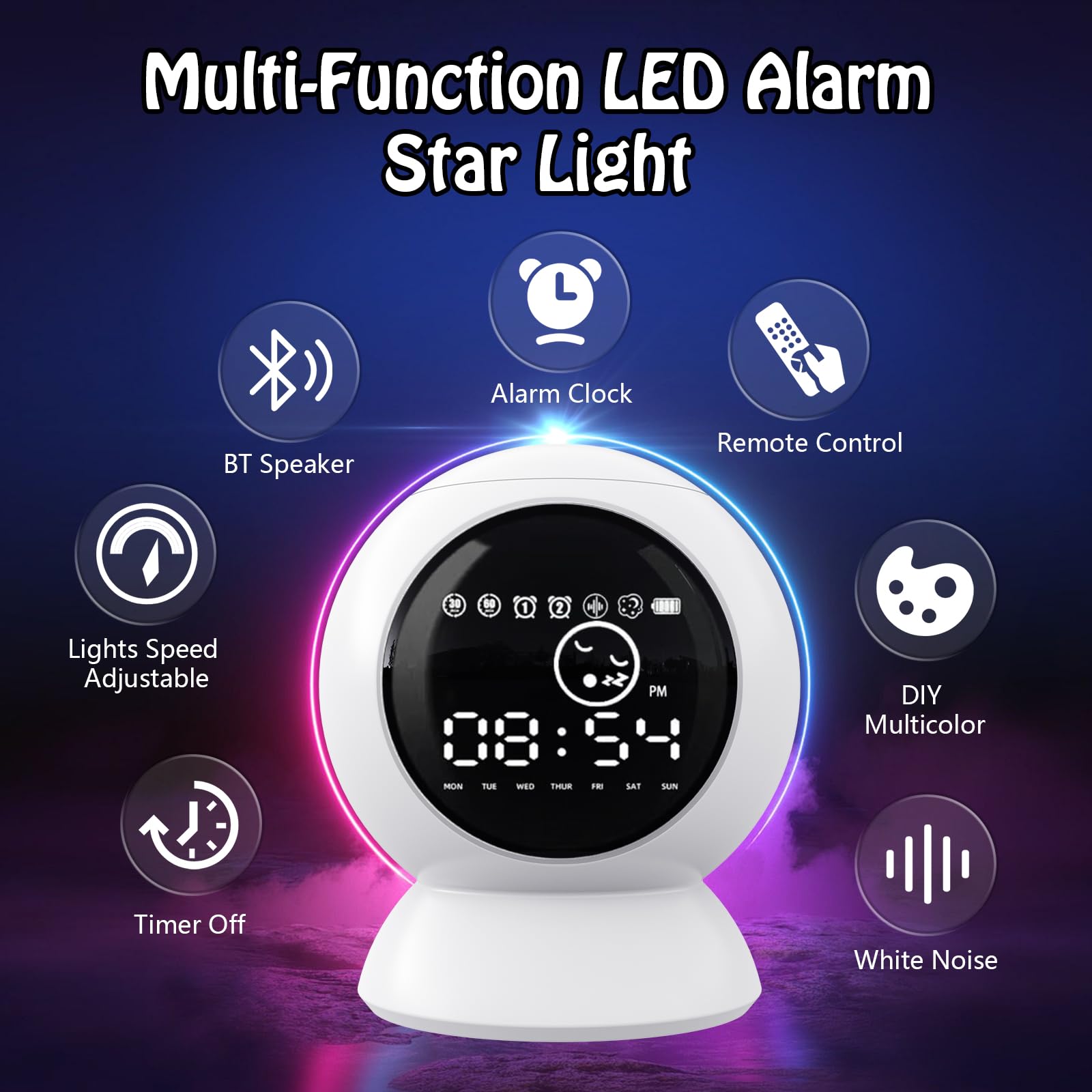 Rechargeable LED Alarm Clock with Star Projector & Bluetooth Speaker - Moon Lamp, White Noise, Timer, Remote Control for Kids Bedroom, Home Decor, Ceiling | Perfect for Relaxation, Sleep Aid & Galaxy-Themed Night Light