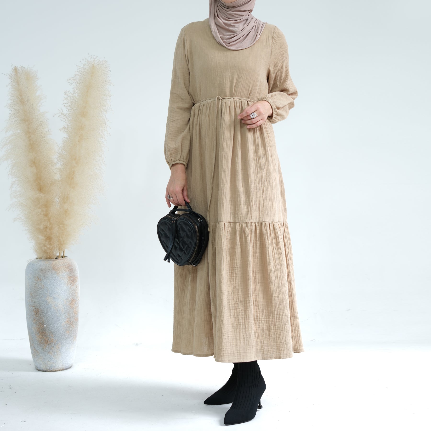 Bohemian Long Sleeve Prairie Maxi Dress in Camel - Flowy Vintage Style for Women | Perfect for Fall Weddings, Festivals & Casual Outings