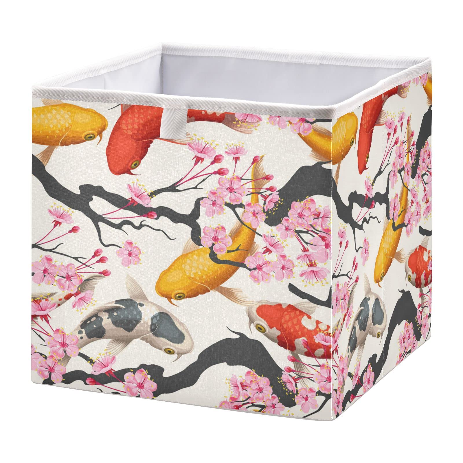 Japanese Cherry Blossom Print Foldable Storage Bins - Yellow & Red Fish Design Collapsible Fabric Cube Organizer with Handles for Nursery, Closet, Shelves - Perfect for Kids' Toys, Home Organization & Seasonal Decor