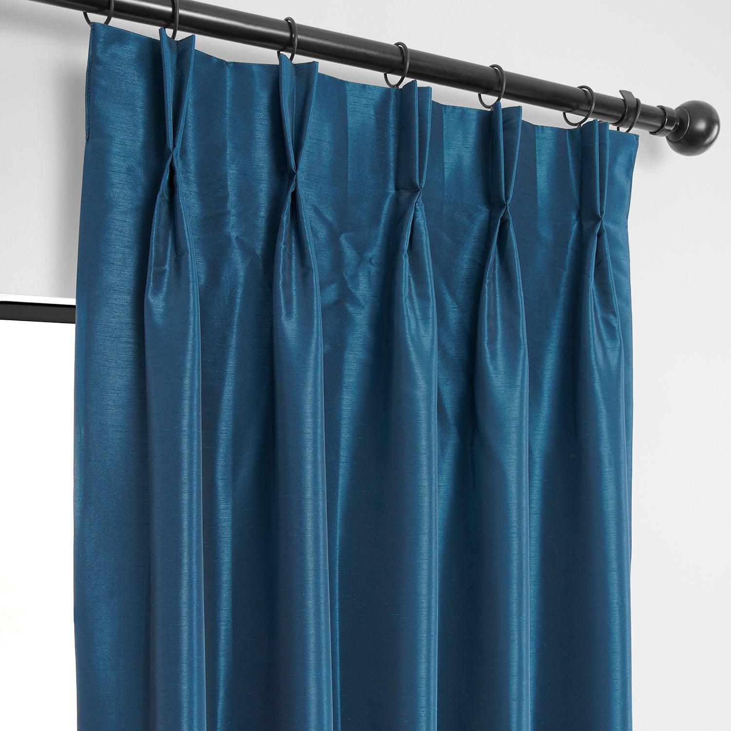 Captain's Blue French Pleat Vintage Textured Faux Dupioni Silk Blackout Curtains for Living Room & Bedroom - Elegant Window Treatments for Light Control & Privacy