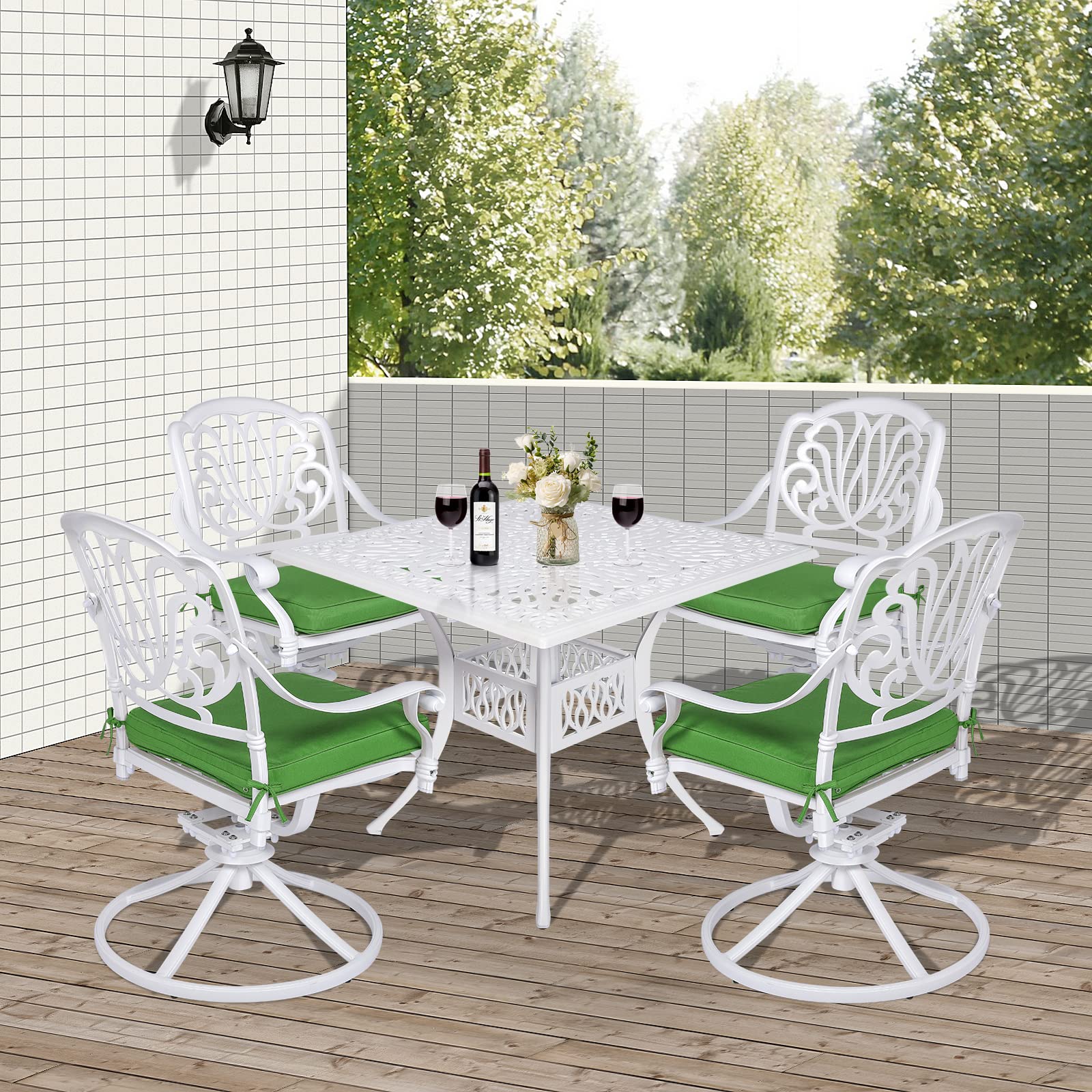 VIVIJASON 5-Piece Outdoor Patio Dining Set - All-Weather Cast Aluminum Conversation Set with 4 Swivel Chairs & 1 Square Table (Umbrella Hole) - White Patio Furniture for Balcony, Lawn, Garden - Perfect for Backyard BBQs, Poolside Relaxation & Outdoor Entertaining