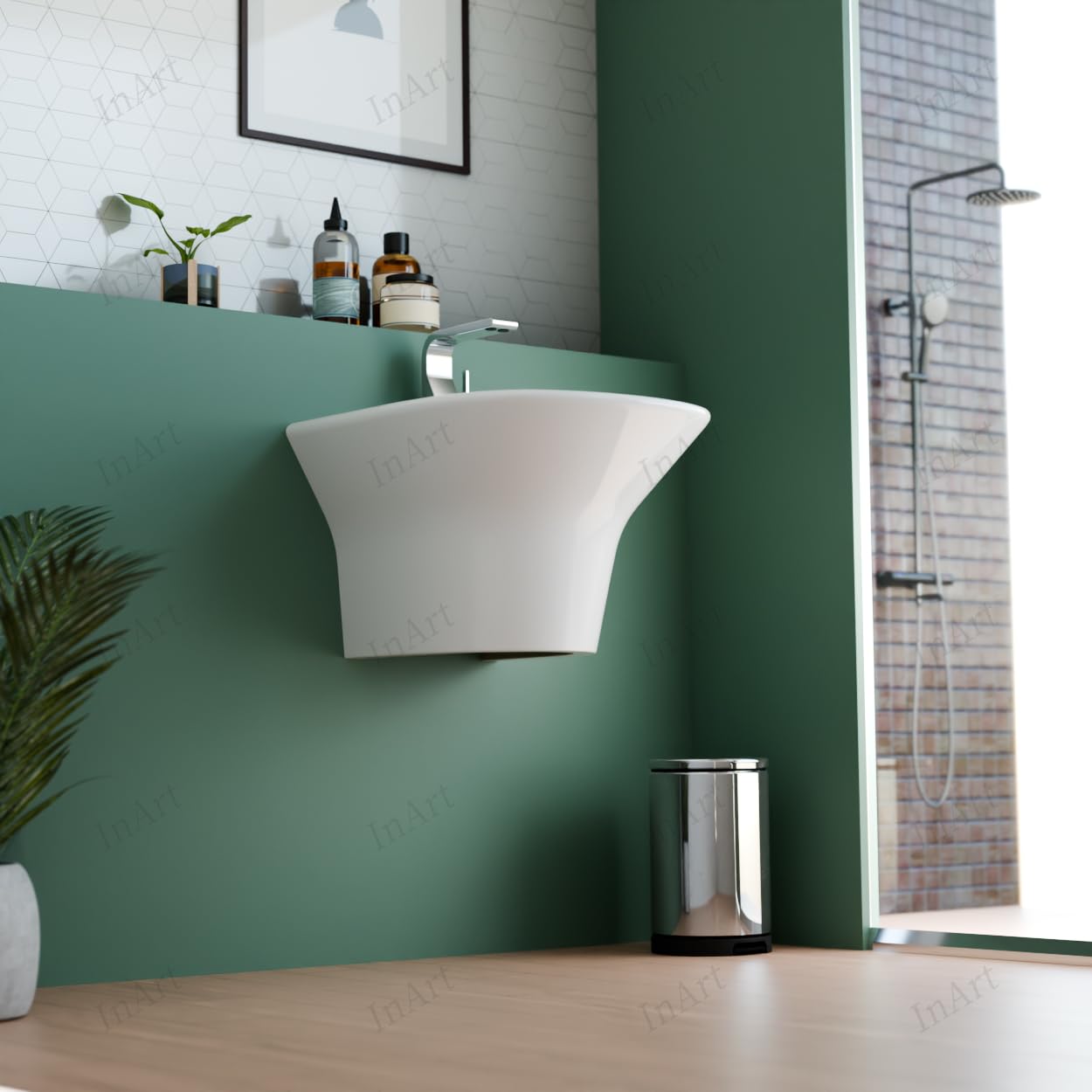 Premium Ceramic Half Pedestal Wall-Mounted Bathroom Sink - 14
