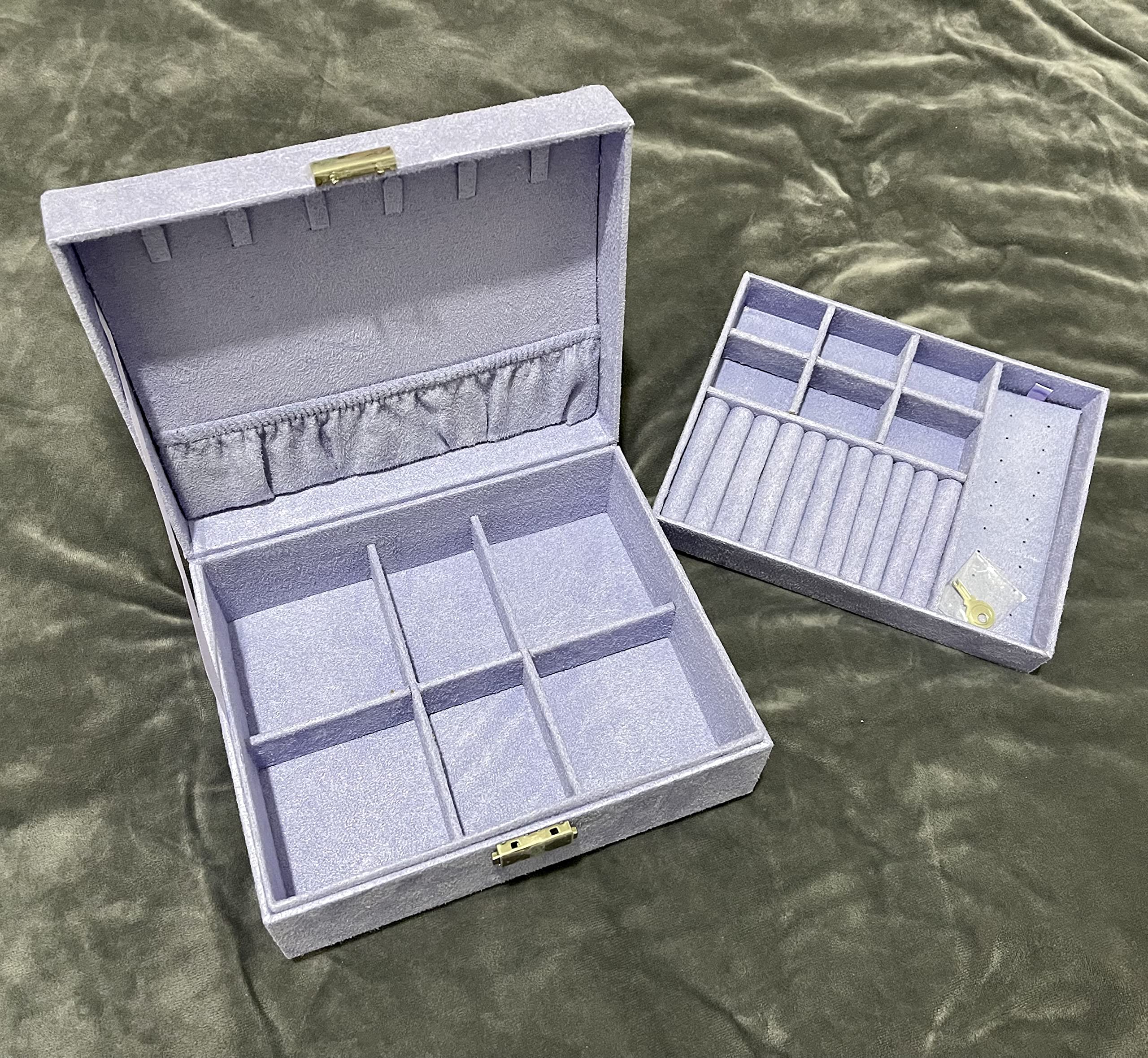 2-Layer Lockable Suede Jewelry Organizer Box - Portable Leather Watch, Earring, Ring & Bracelet Storage Case (Light Purple) | Perfect for Travel, Gift Giving & Home Display