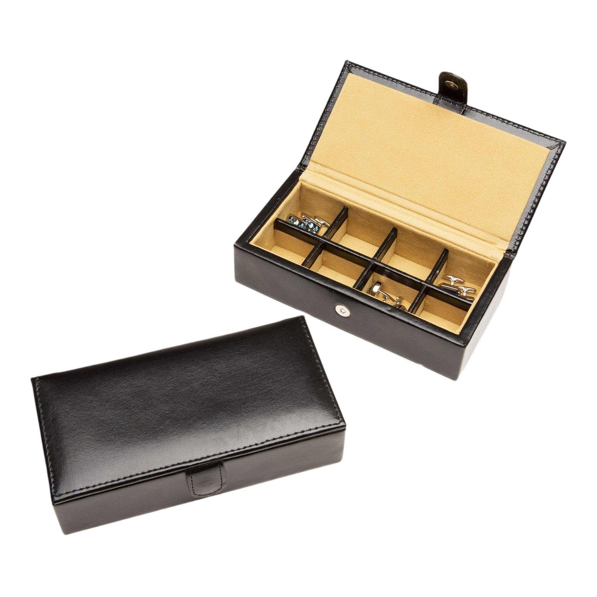 Premium Leather Travel Cufflinks & Rings Storage Box - Holds 8 Pairs of Cufflinks - Jewelry Display Case with White Gift Box (6.25