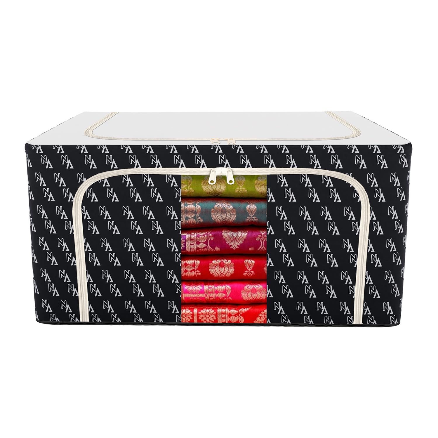 Urbane Home Storage Box - 66L Steel Frame Clothes & Blanket Organizer with VN Print | Wardrobe & Closet Storage Solution for Bedroom, Living Room & Dorm Organization | Black
