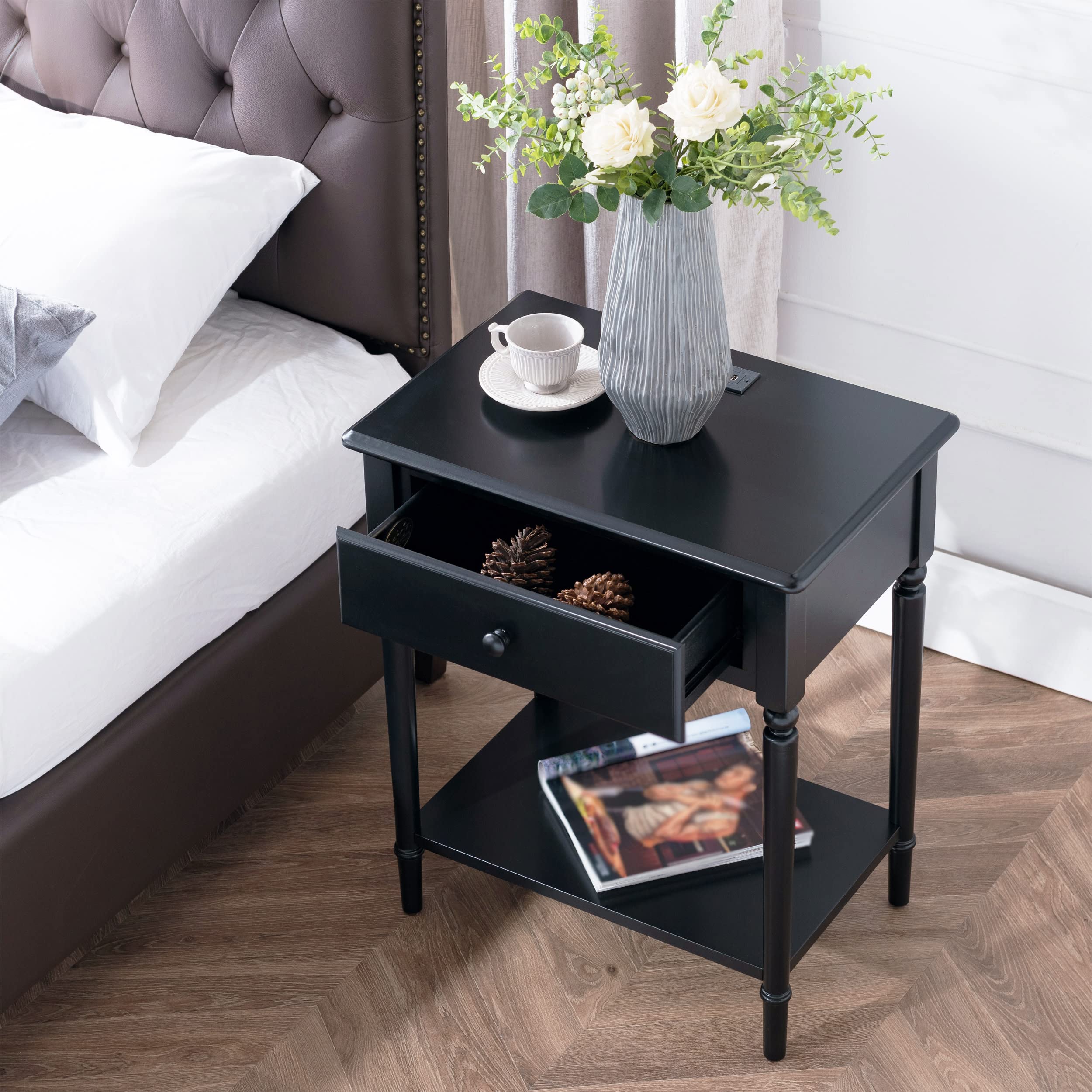 Coastal Nightstand with USB-C Fast Charging Station - Solid Wood Swan Black Side Table for Bedroom, Living Room & Small Spaces - Modern End Table with Storage Shelf - Perfect for Charging Devices & Organizing Essentials - Leick Home 20022-BK