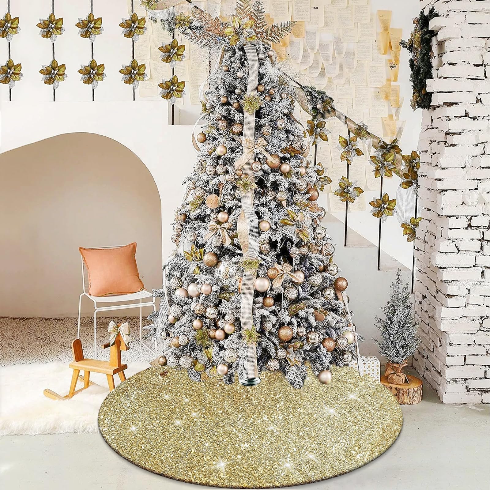 48 Inch Gold Sequin Christmas Tree Skirt for 7.5 Ft Pencil Slim Artificial Trees - Sparkling Easter & Holiday Decor for Living Room, Party, and Festive Celebrations