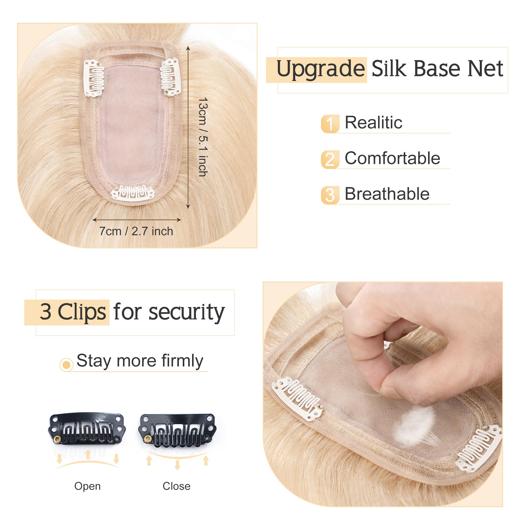 SEGO 7x13cm Silk Base Human Hair Toppers for Women with Bangs - 100% Remy Clip-in Top Wiglet for Thinning Hair (16 Inch, Ash Blonde & Bleach Blonde) | Perfect for Daily Wear, Parties & Special Occasions