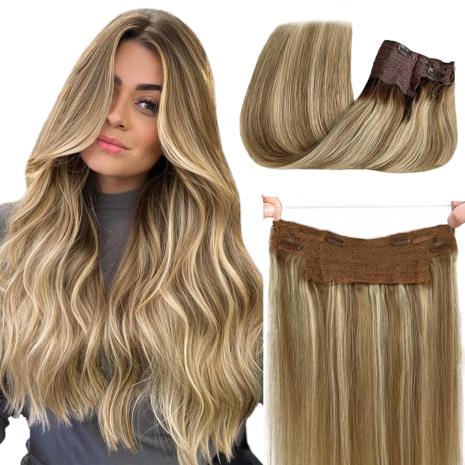 Halos Hair Extensions 22 Inch 100g - Blonde Highlights & Platinum Blonde Remy Human Hair | Balayage Ombre Ash Brown | Invisible One-Piece Flip-In Extensions for Everyday Wear & Special Occasions