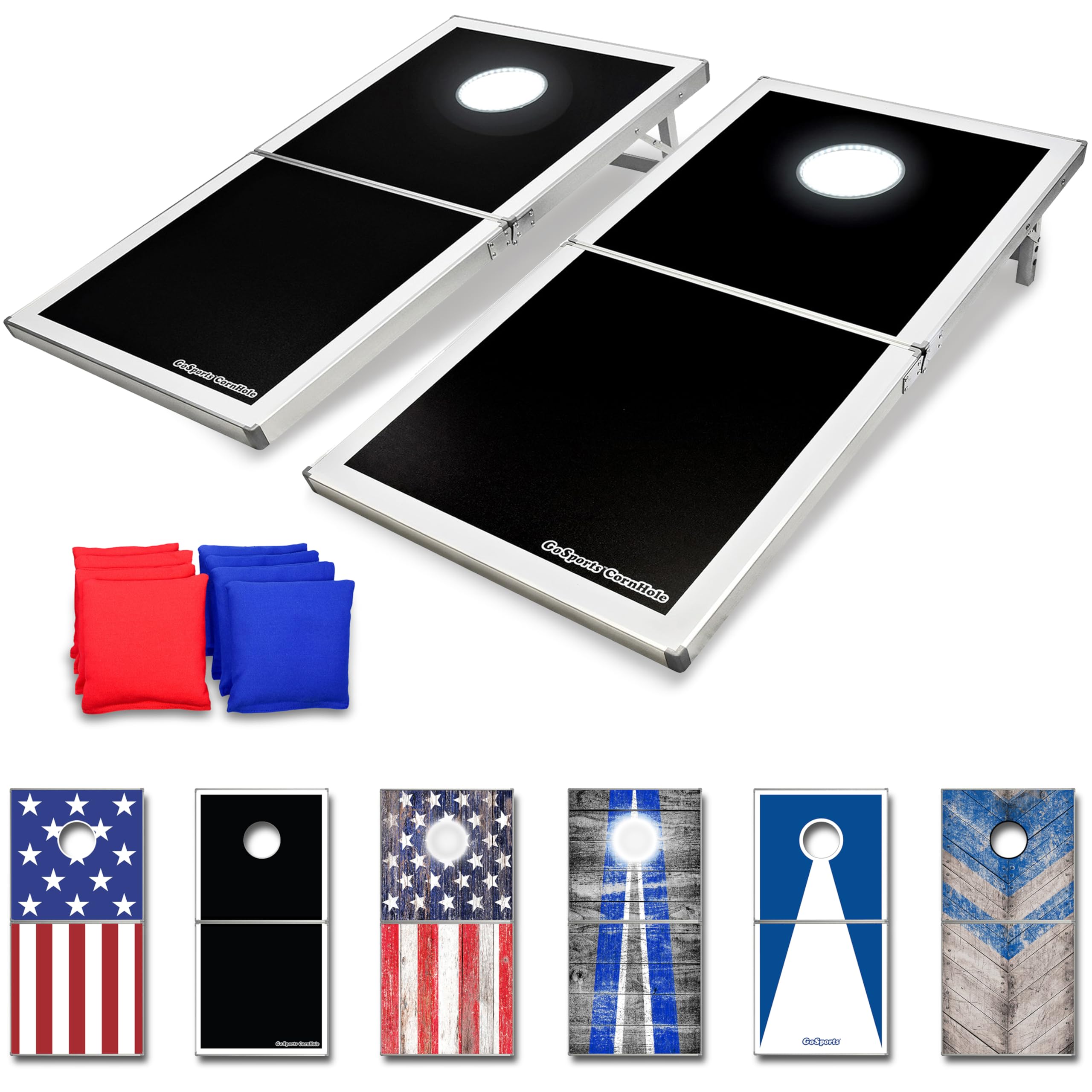 GoSports 4x2 ft Aluminum Cornhole Game Set with LED Lights or Standard - 2 Foldable Regulation Boards & 8 Bean Bags - Perfect for Backyard, Tailgating, and Outdoor Parties