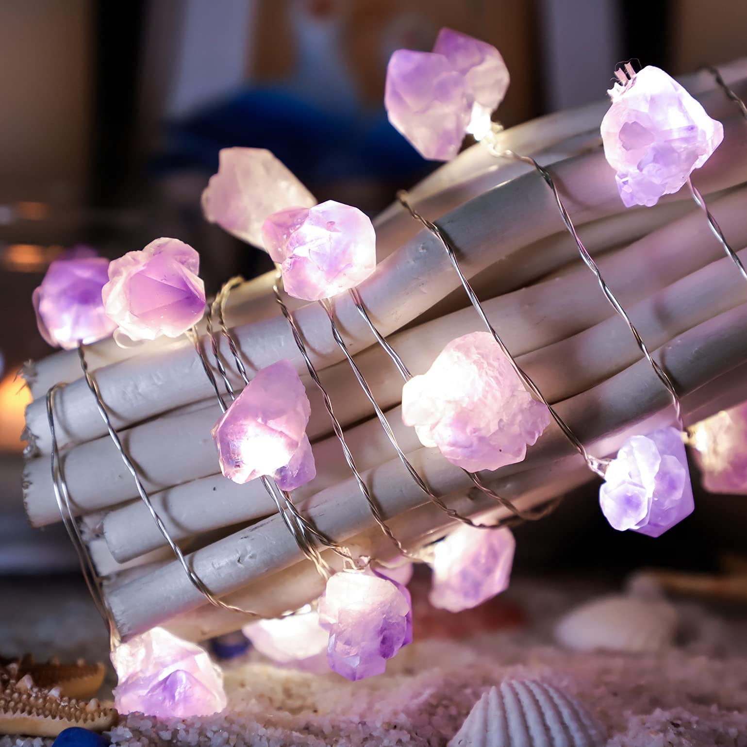 Natural Amethyst Raw Fluorite Crystal String Lights - 10ft 30 LED Battery Operated Fairy Lights with Remote & Timer for Home Decor, Wedding, Party, Christmas (Bedroom, Garden, Patio, DIY Projects)